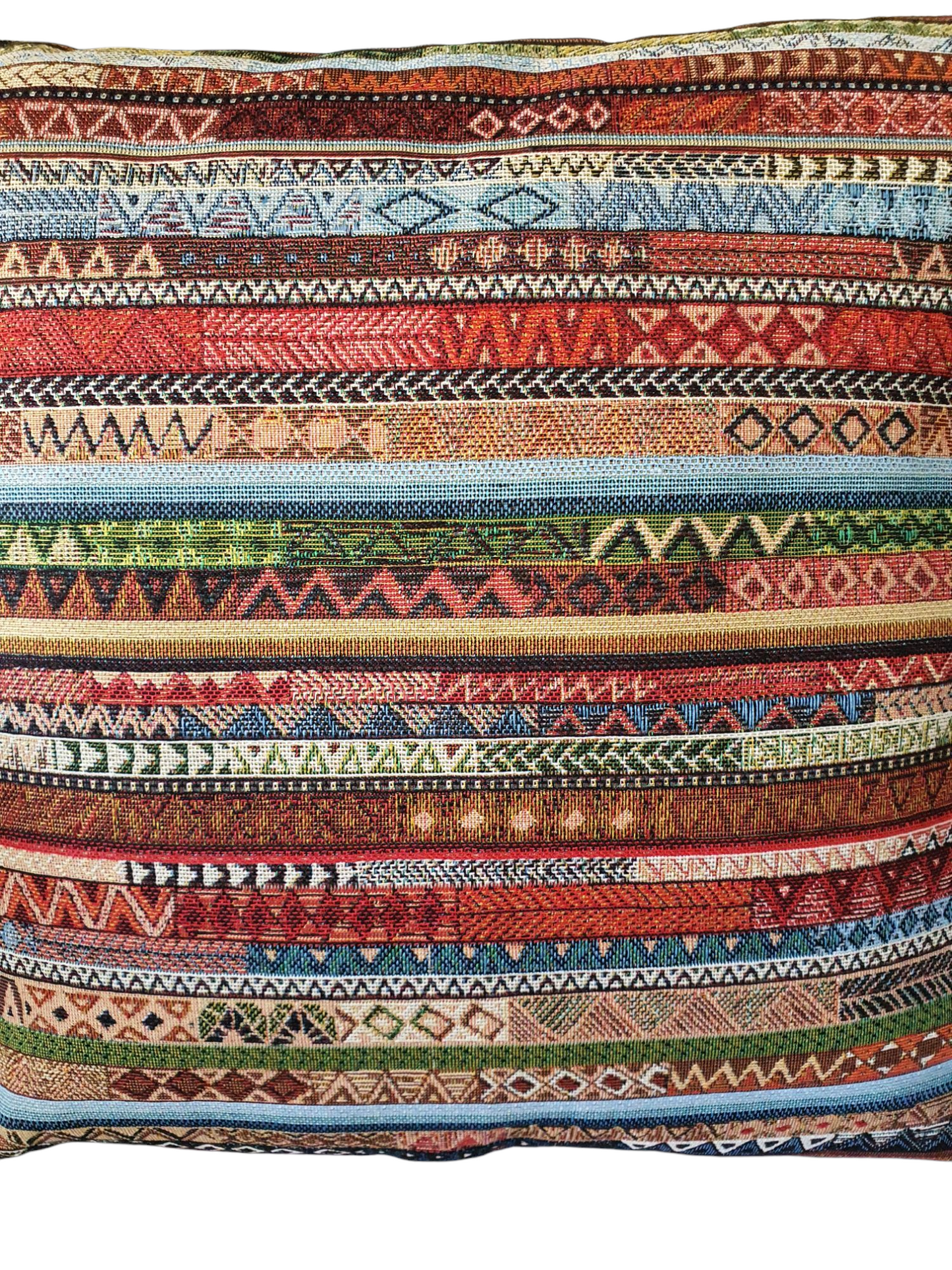 A close up of the striped Aztec style pattern tapestry fabric used on the front of the handmade zipped cushion cover.