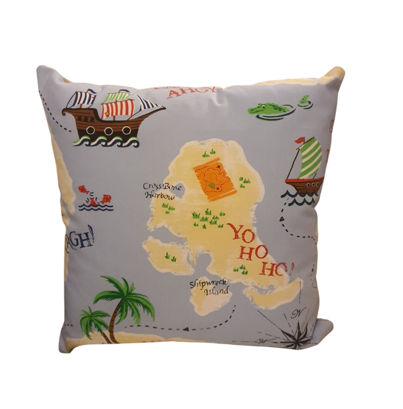 The front of the cushion cover showing pirate ships and an island against the sea background. The cushion cover is approximately 17 inches square (44cmsx 44cms).