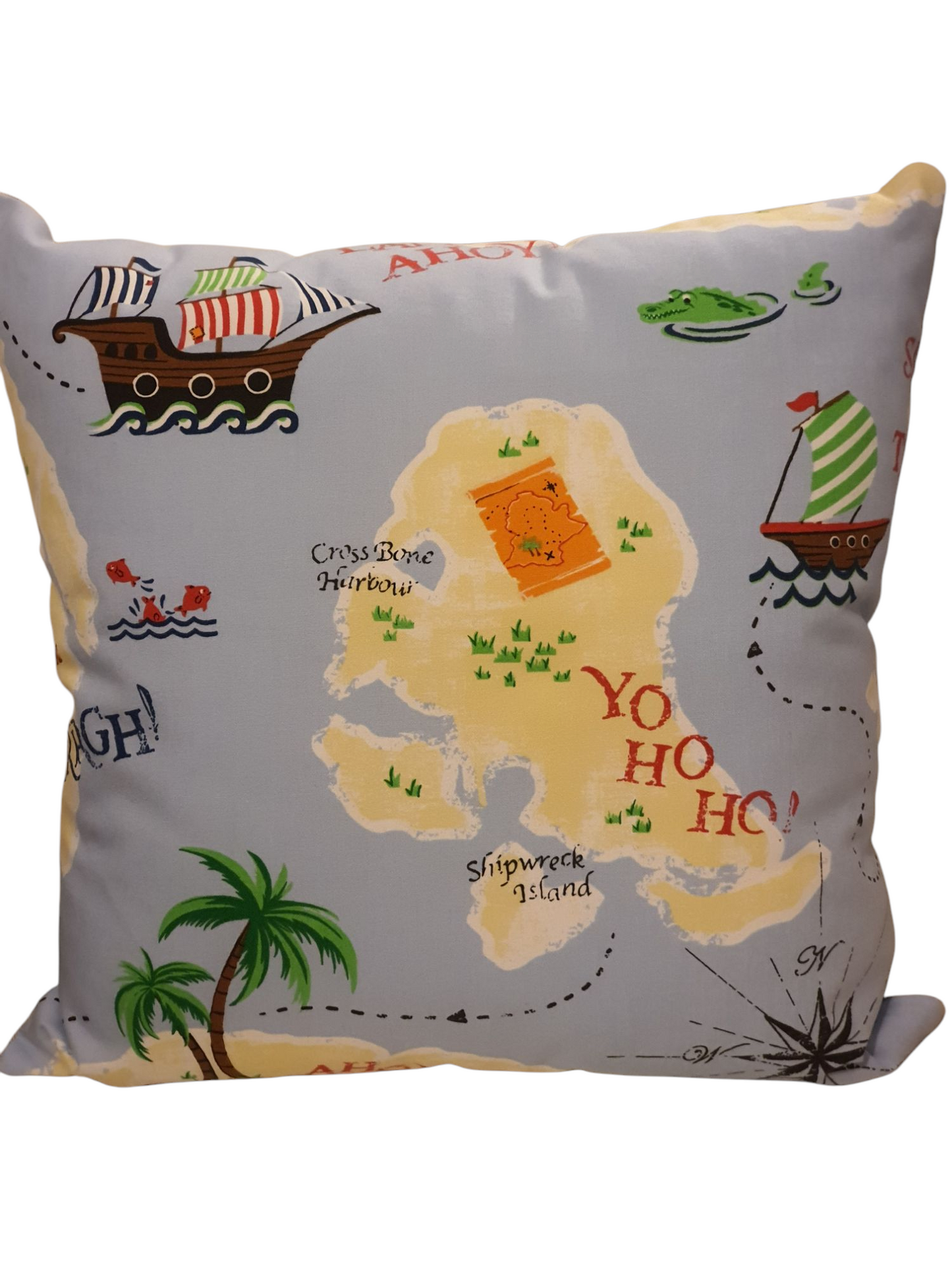 Handmade zipped cushion cover made with Laura Ashley pirate themed fabric. The cushion cover is approximately 17 inches by 17 inches and is complemented with neutral fabric on the reverse.
