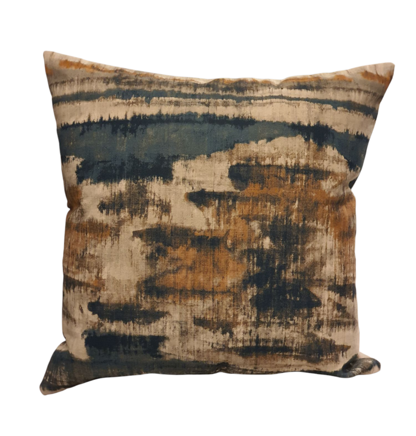 The handmade cushion cover front with the abstract pattern in colours of blue, gold and a creamy beige colour.