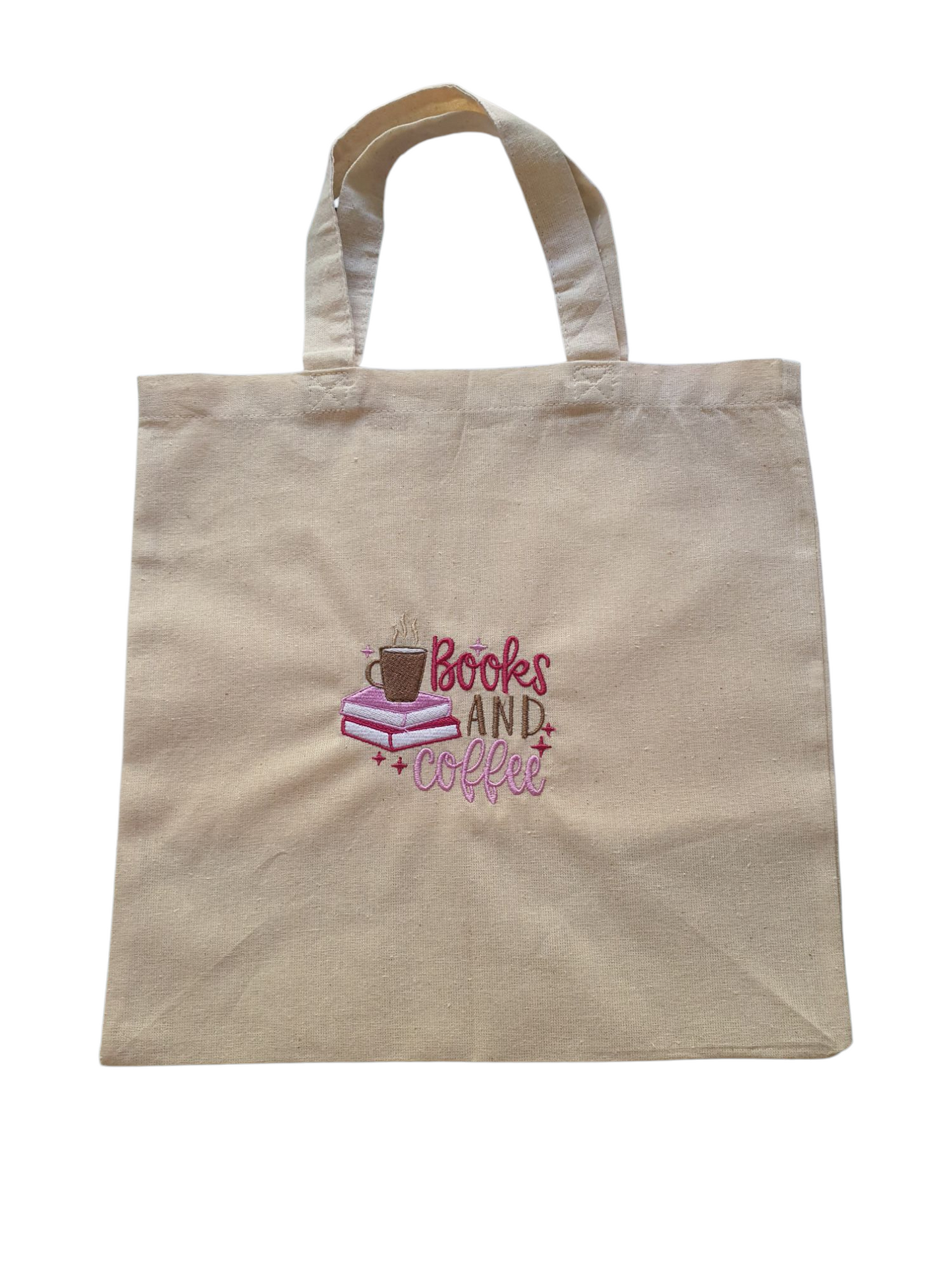 Embroidered Tote Bag, Book Bag, Books and Coffee Pattern, Book Lovers Gift