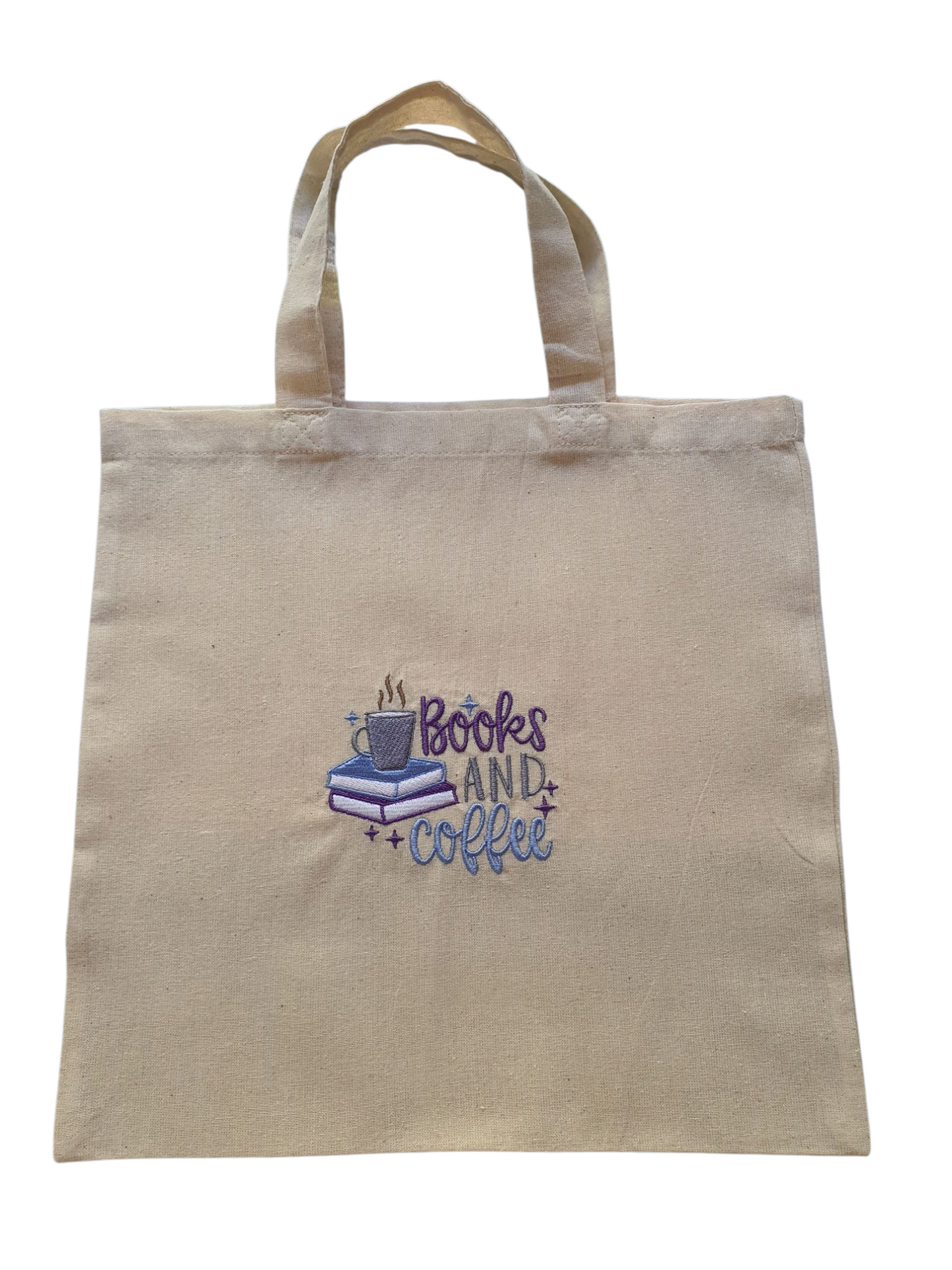 Embroidered Tote Bag, Book Bag, Books and Coffee Pattern, Book Lovers Gift