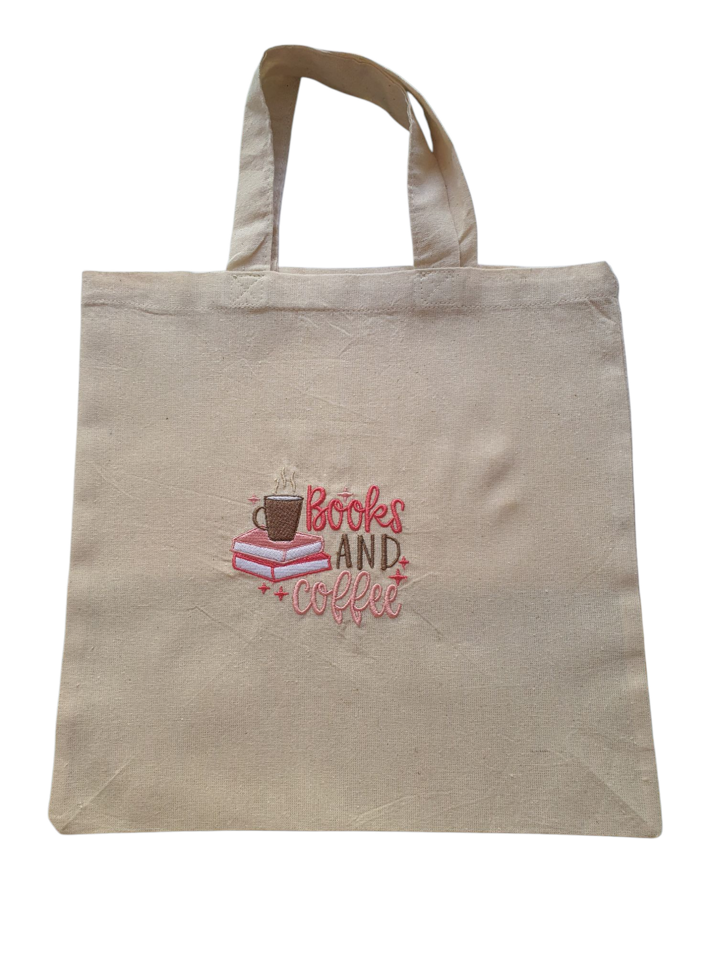 Embroidered Tote Bag, Book Bag, Books and Coffee Pattern, Book Lovers Gift
