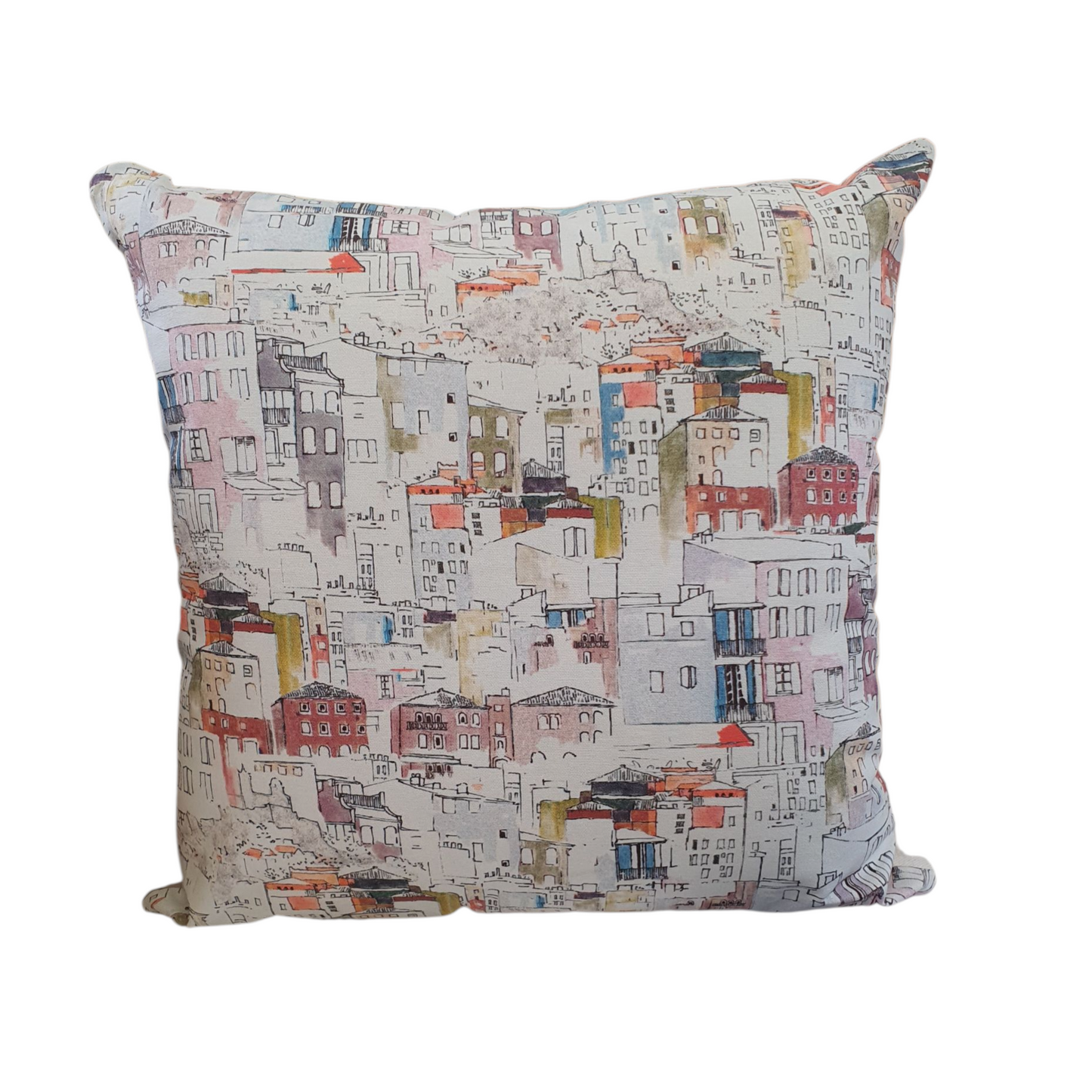 Handmade 44cms x 44cms cushion cover made with colourful watercolour Italian houses style fabric. The muted style colours are on a light coloured background. The cushion cover would be a lovely gift idea for someone who loves Italy. The cushion cover has a patterned front and neutral fabric on the reverse and fastens with an enclosed zip.