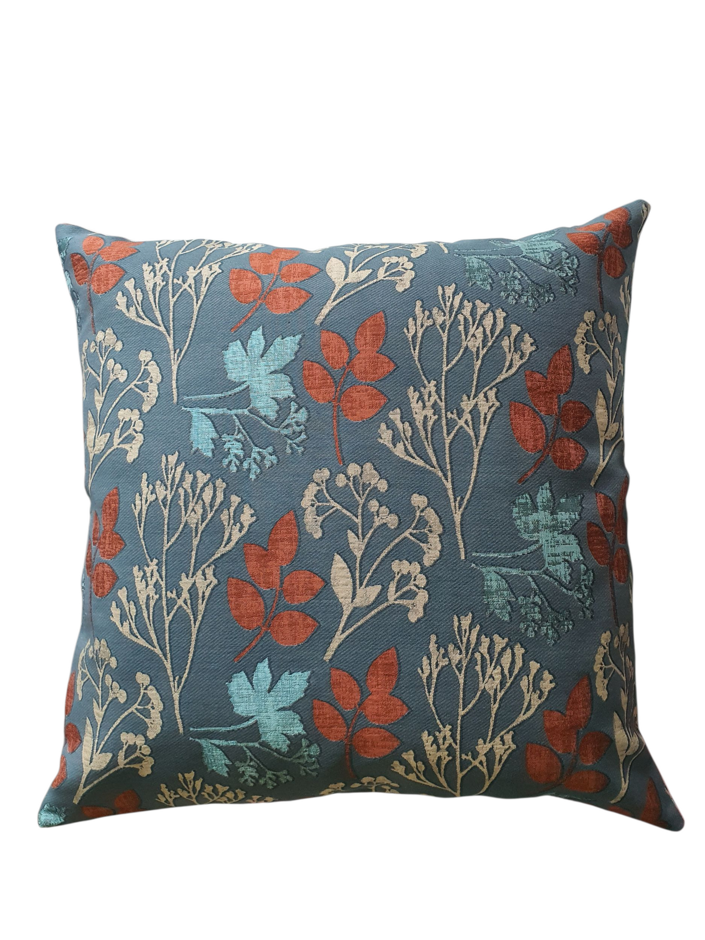 Handmade zipped cushion cover made with Prestigious Textiles Elliott Teal Peacock fabric. The cushion cover is complemented by neutral fabric on the reverse and fastens with an enclosed ip.