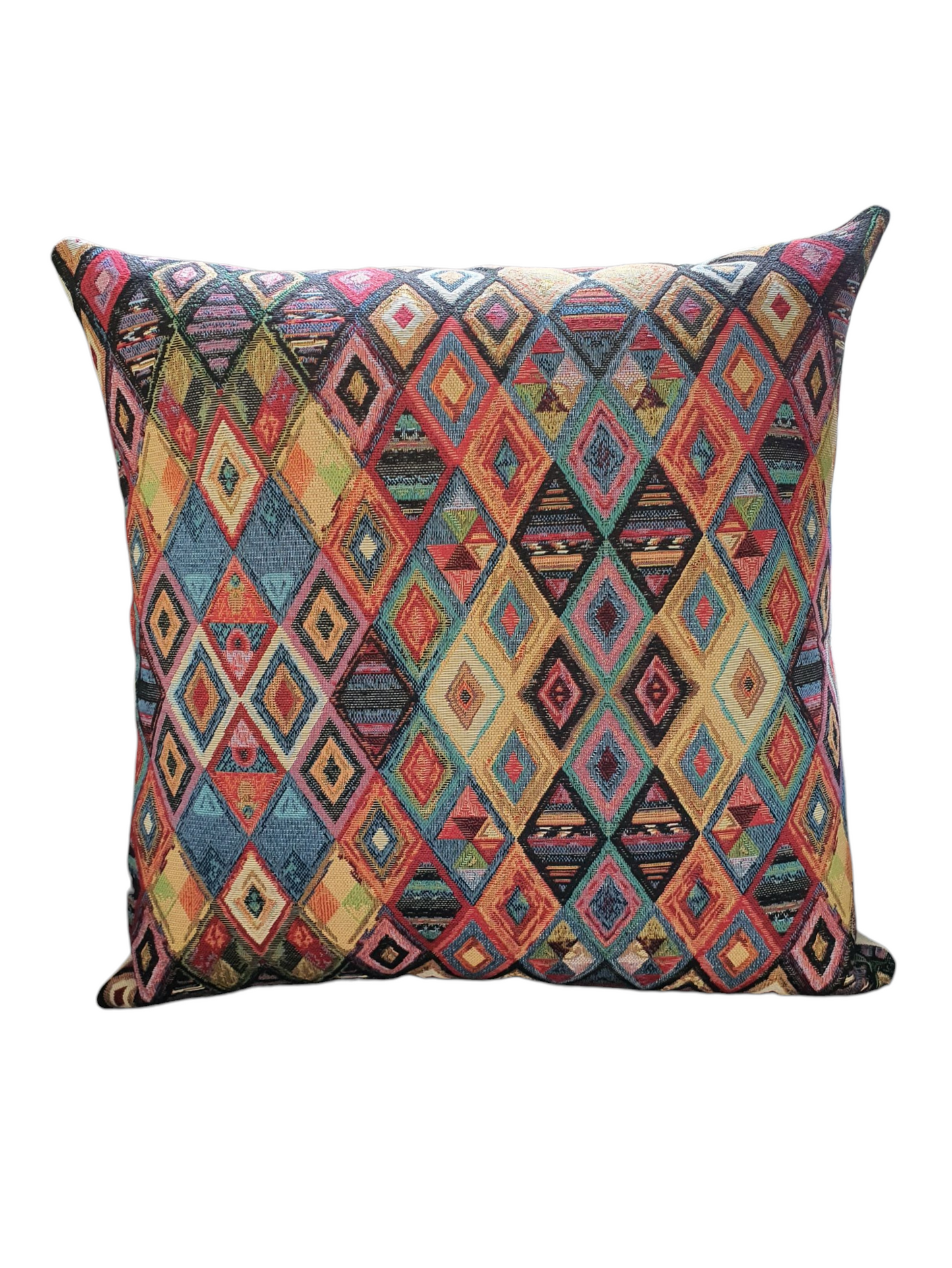Multicolour patterned handmade cushion cover which fastens with an enclosed in the reverse of the cushion cover.