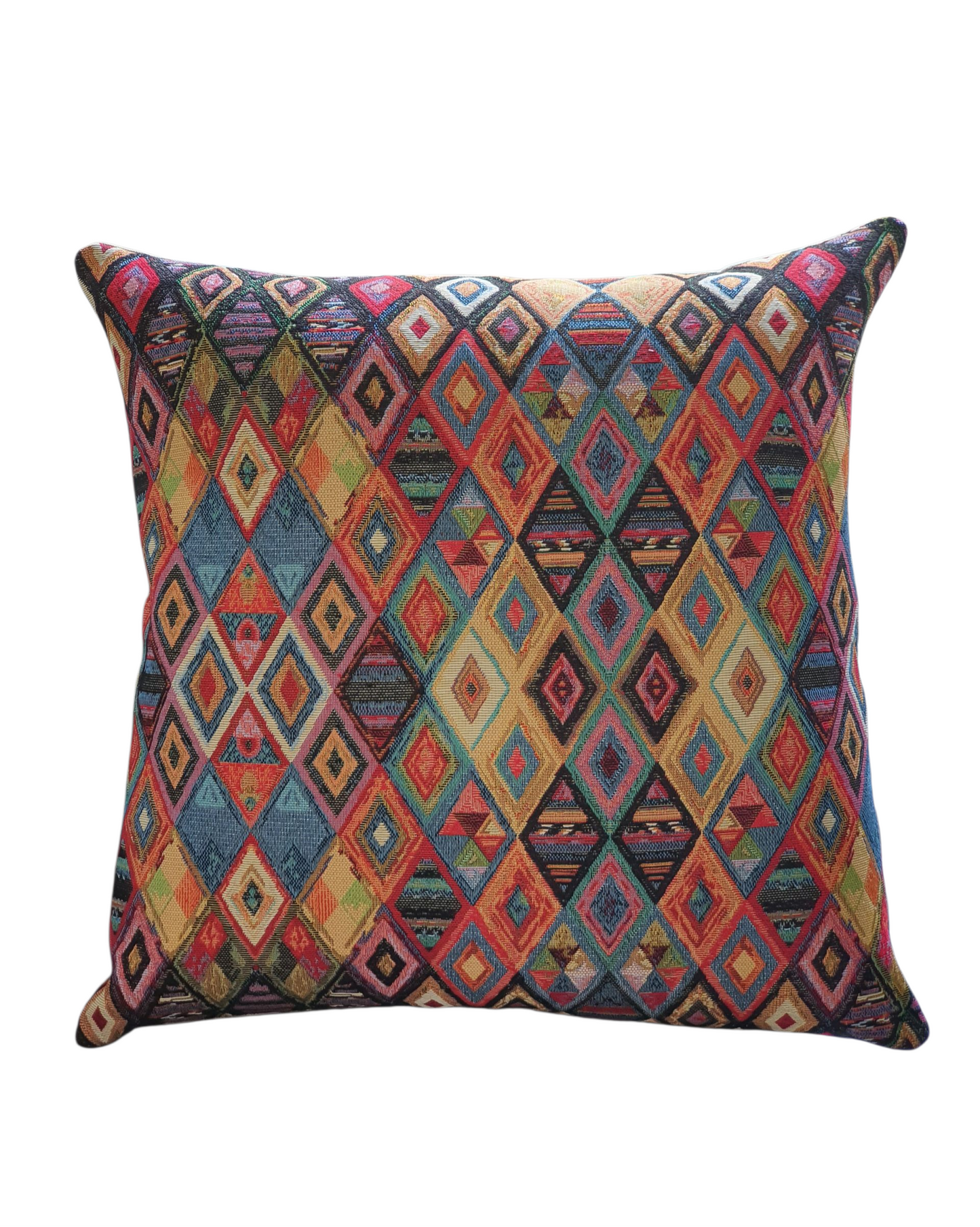 The colourful cushion cover is approximately 17.5 inches by 17.5 inches (44cms) and is complemented with neutral fabric on the reverse and fastens with an enclosed zip.