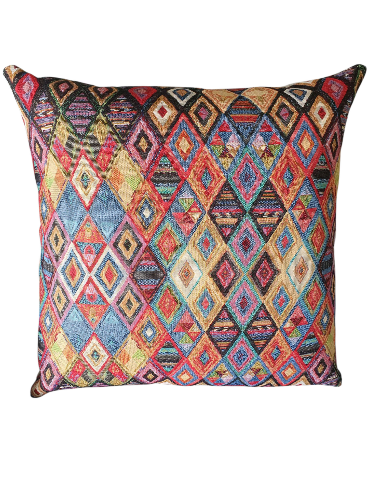 Handmade zipped multicolour diamond patterned tapestry fabric.