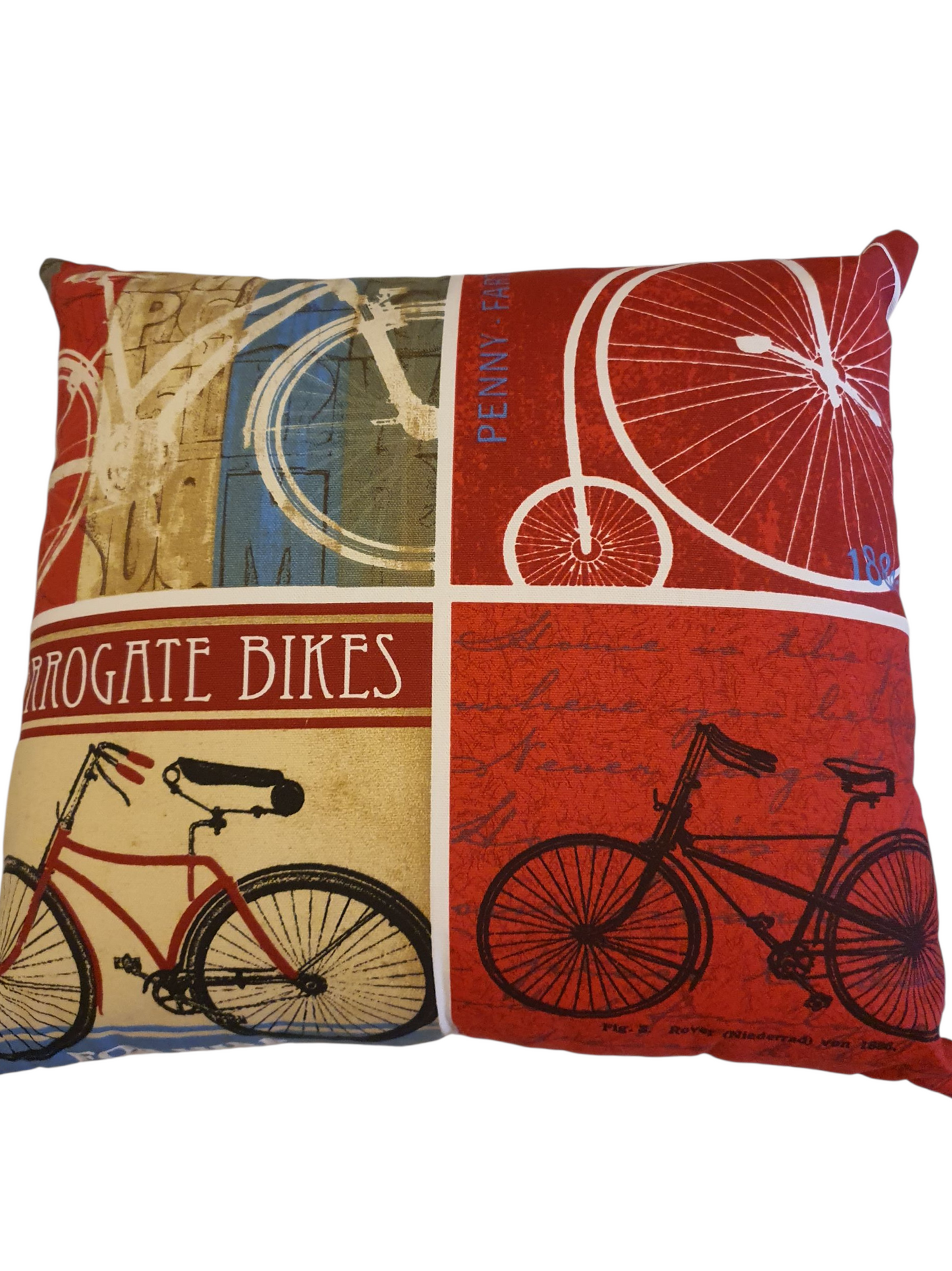 Handmade Zipped Bike Fabric Cushion, Ashley Wilde Fabric Vintage Red Cyclist