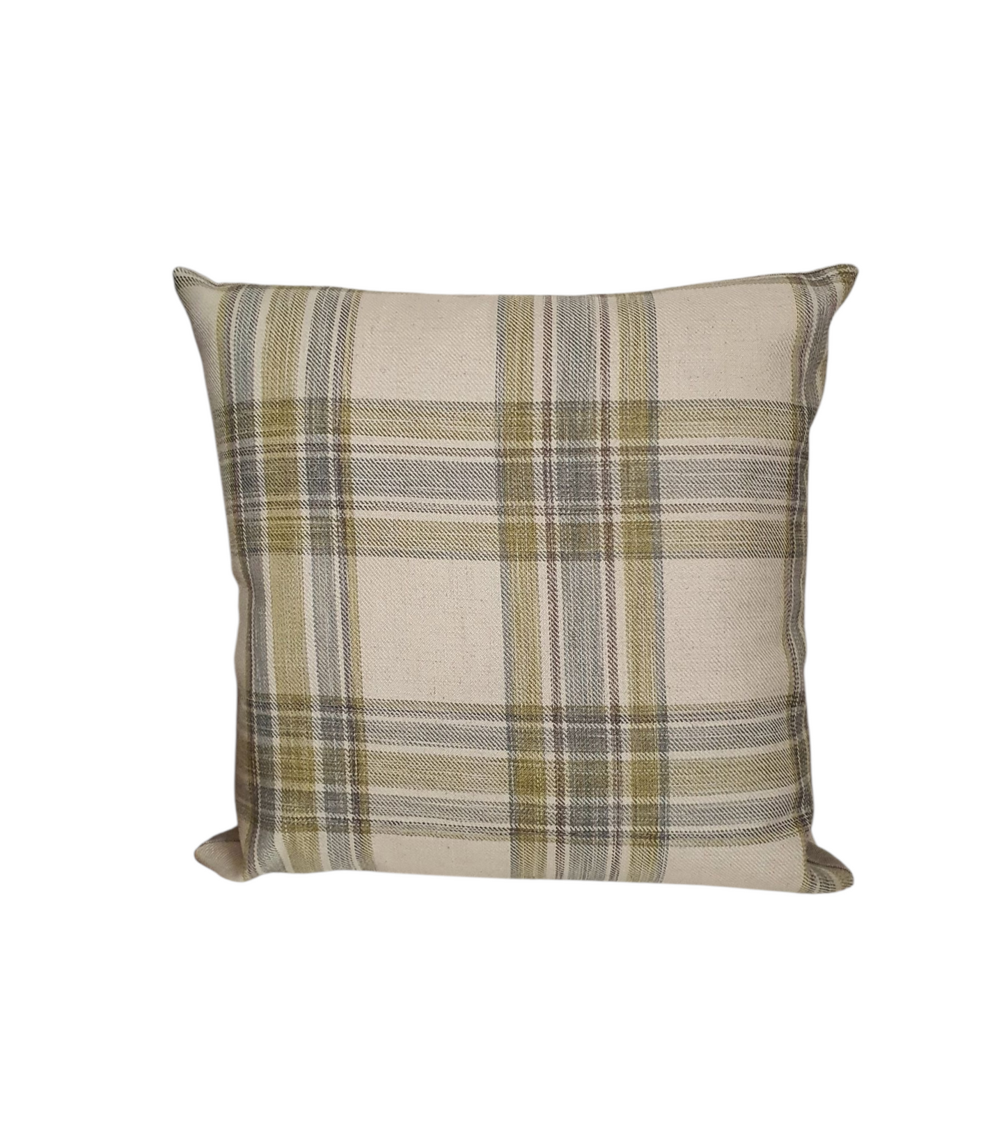 Handmade zipped cushion cover with green tartan patterned front and complemented with neutral fabric on the reverse. The cushion cover fastens with an enclosed zip in the reverse of the cushion cover.