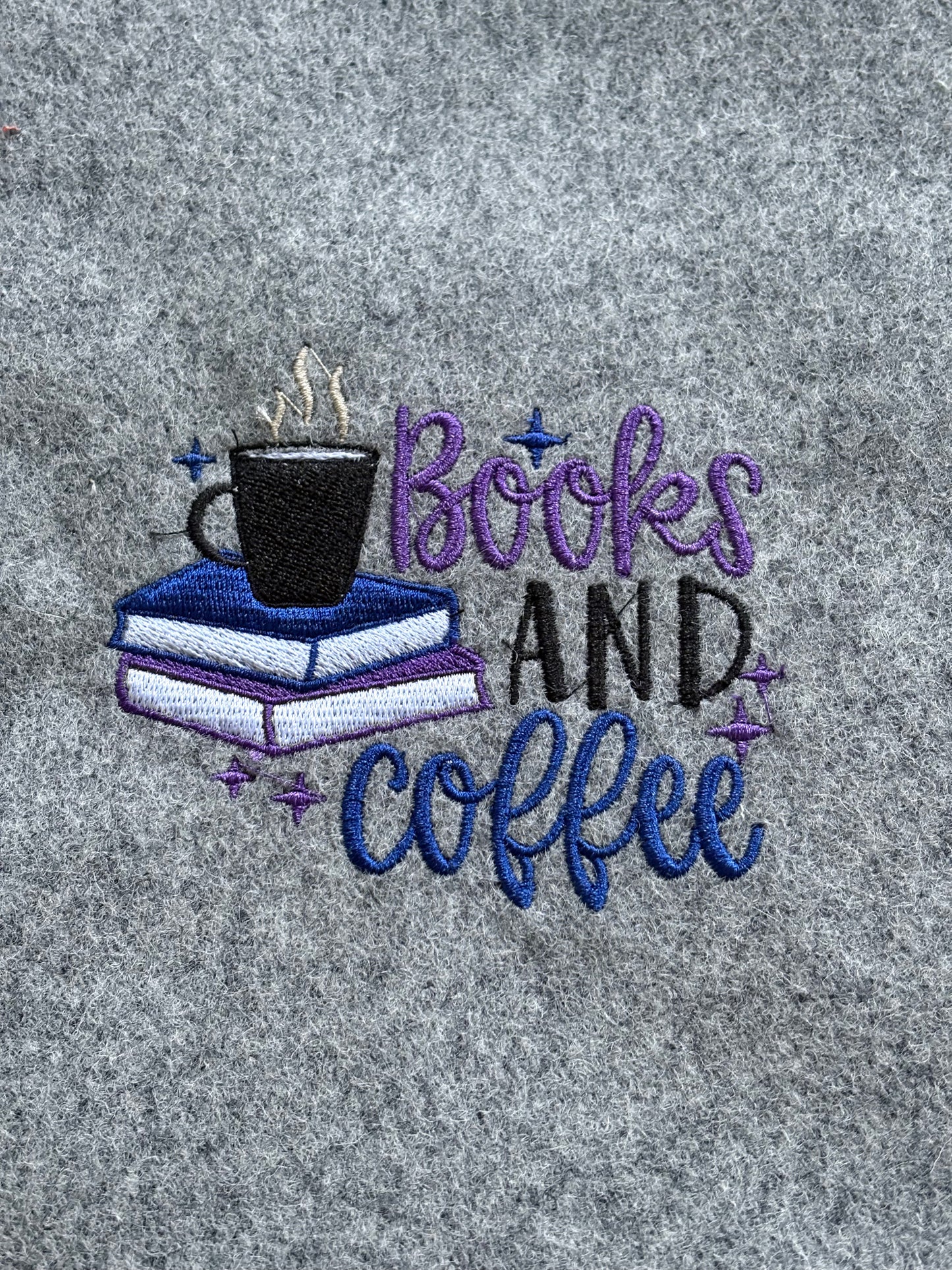 A close up of the embroidered pattern on the front of the Book Pouch.