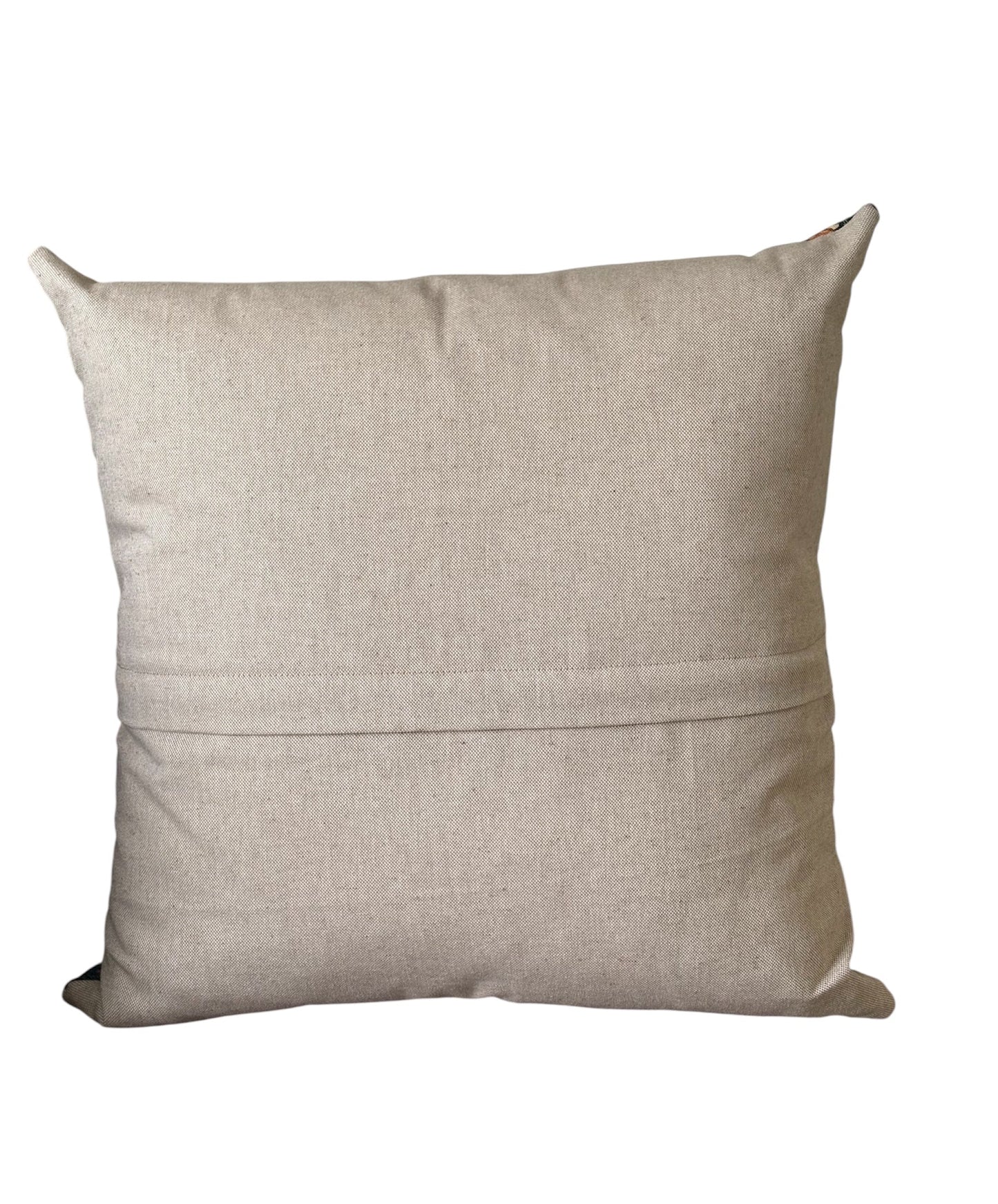 The reverse of the cushion cover and the enclosed zip is beneath the small flap shown in the photo. The cushion cover is approximately 17.5 inches by 17.5 inches (44cms x 44cms).
