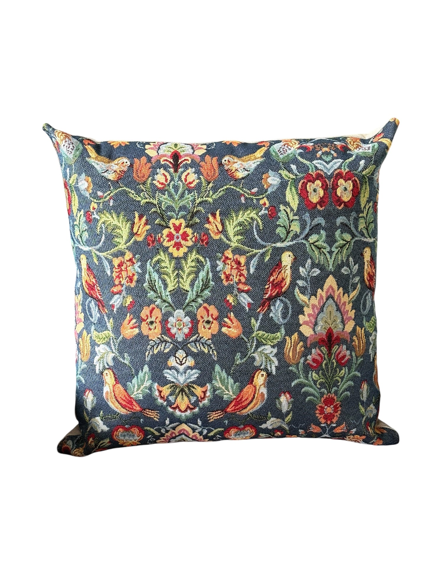 The birds and floral pattern is on a dark blue background, is complemented with neutral fabric on the reverse and fastens with an enclosed zip. Tapestry fabric is of upholstery quality.