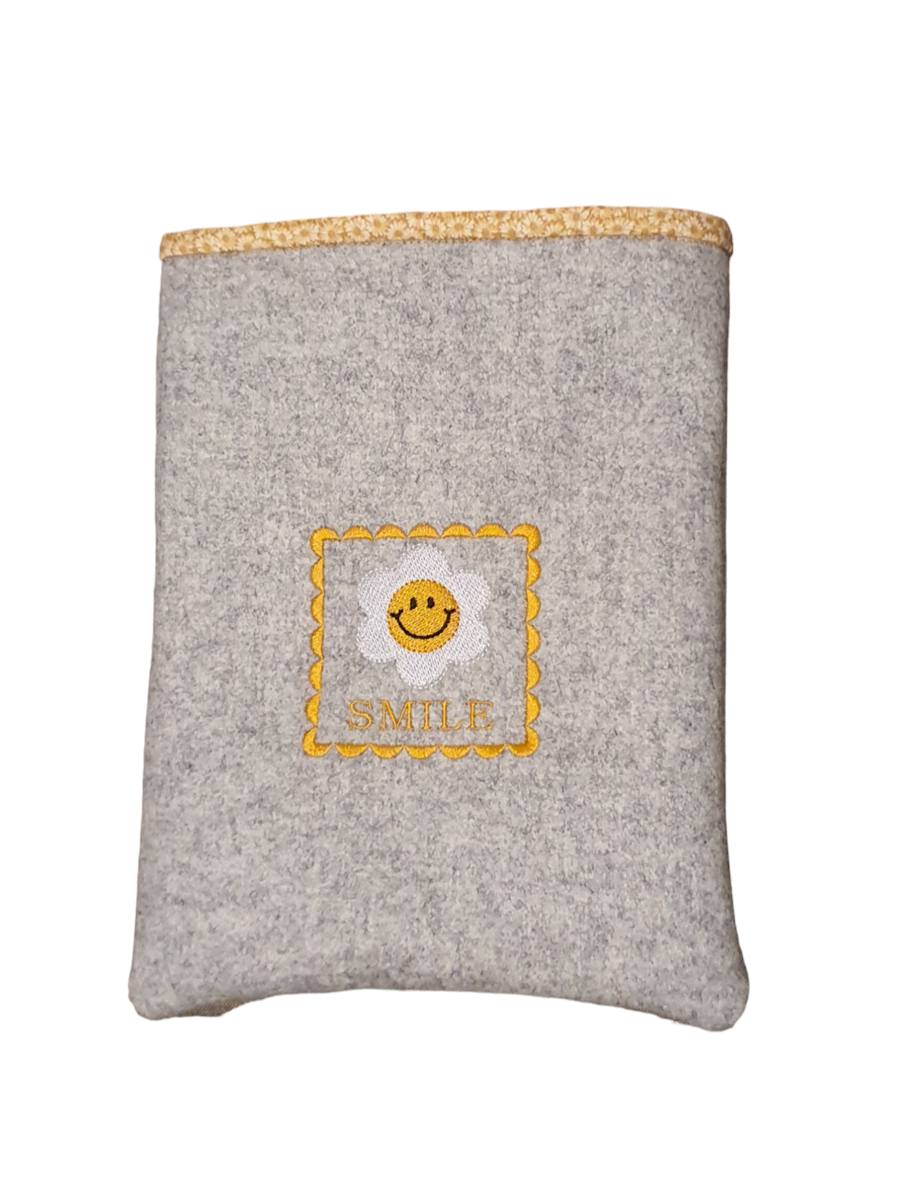 Handmade Floral Smiley Face Embroidered Book Pouch, Book Sleeve