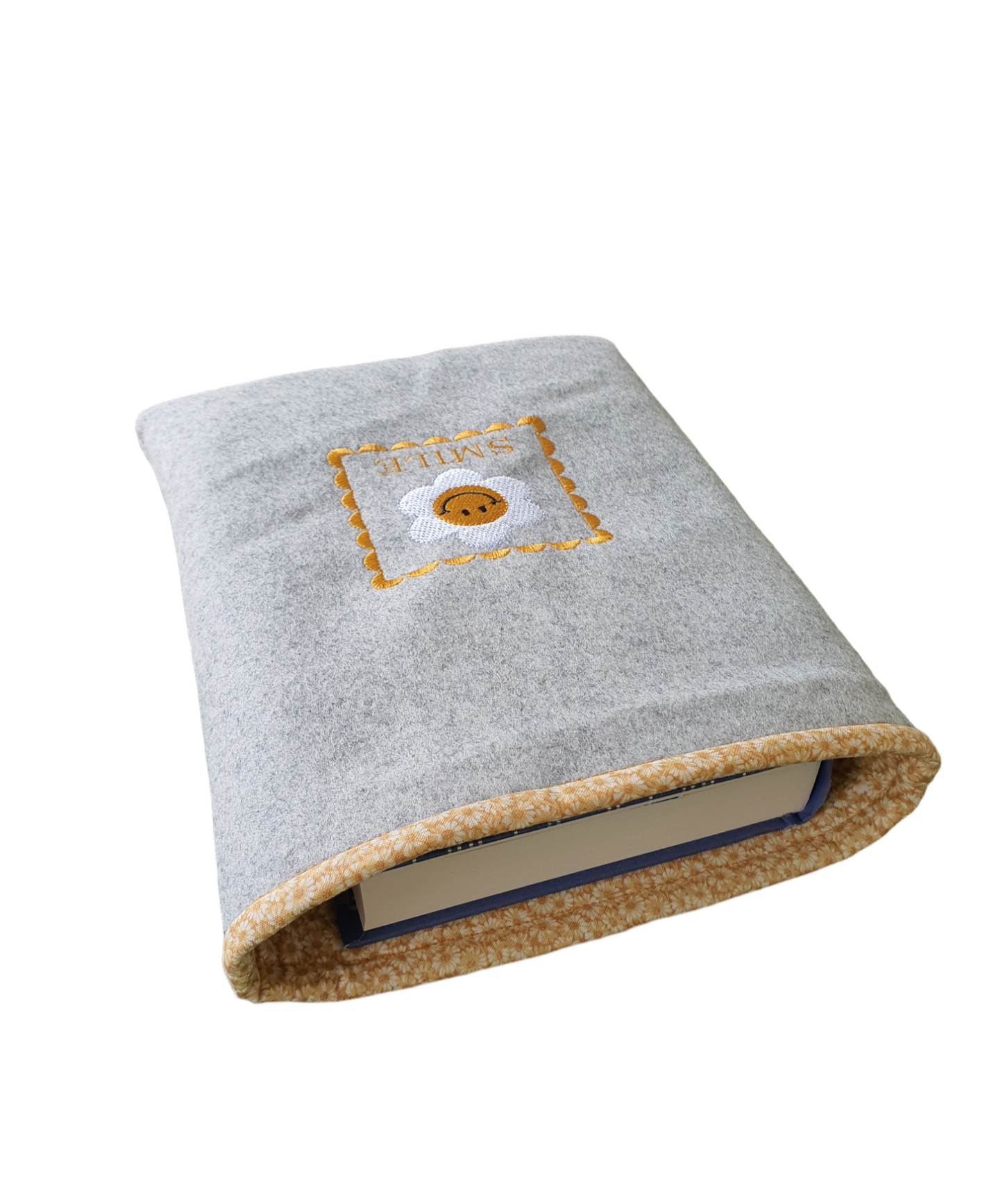 Handmade Padded Embroidered Book Pouch - Floral Smiley Face, Book Lovers Gift, Book Sleeve, Book Bag, Book Protector