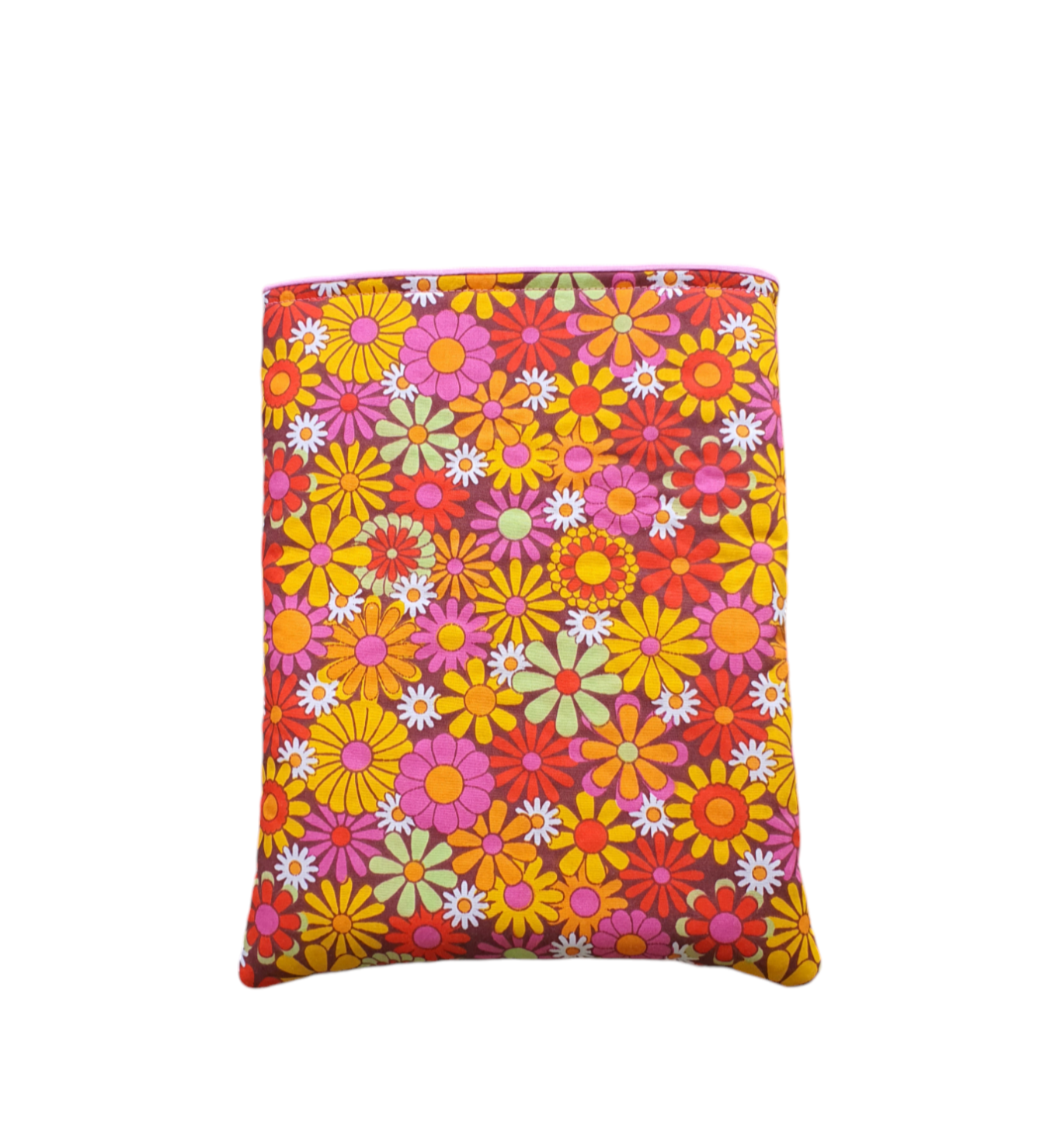 Handmade padded Book Pouch made with retro style patterned multicolour floral patterned fabric. An ideal Book Lovers Gift.