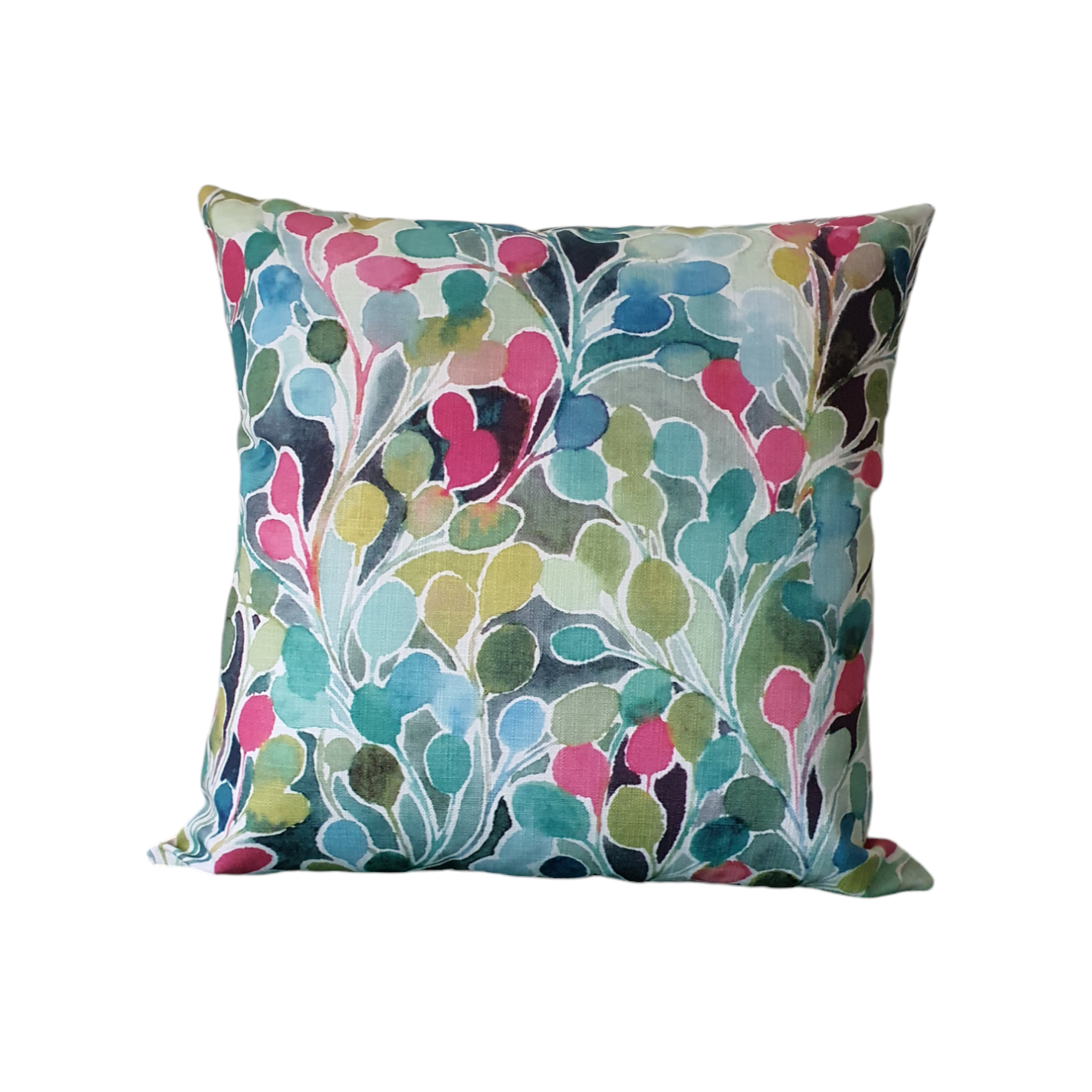 Handmade zipped cushion cover made using Folio Leaf multicolour fabric.