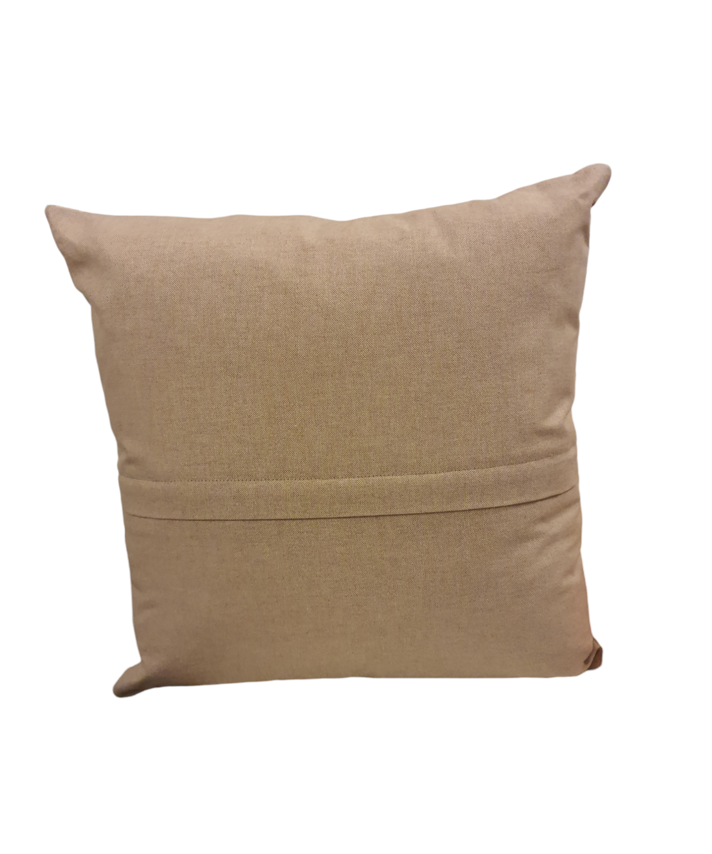 The back of the cushion cover showing the neutral fabric and the enclosed zip.