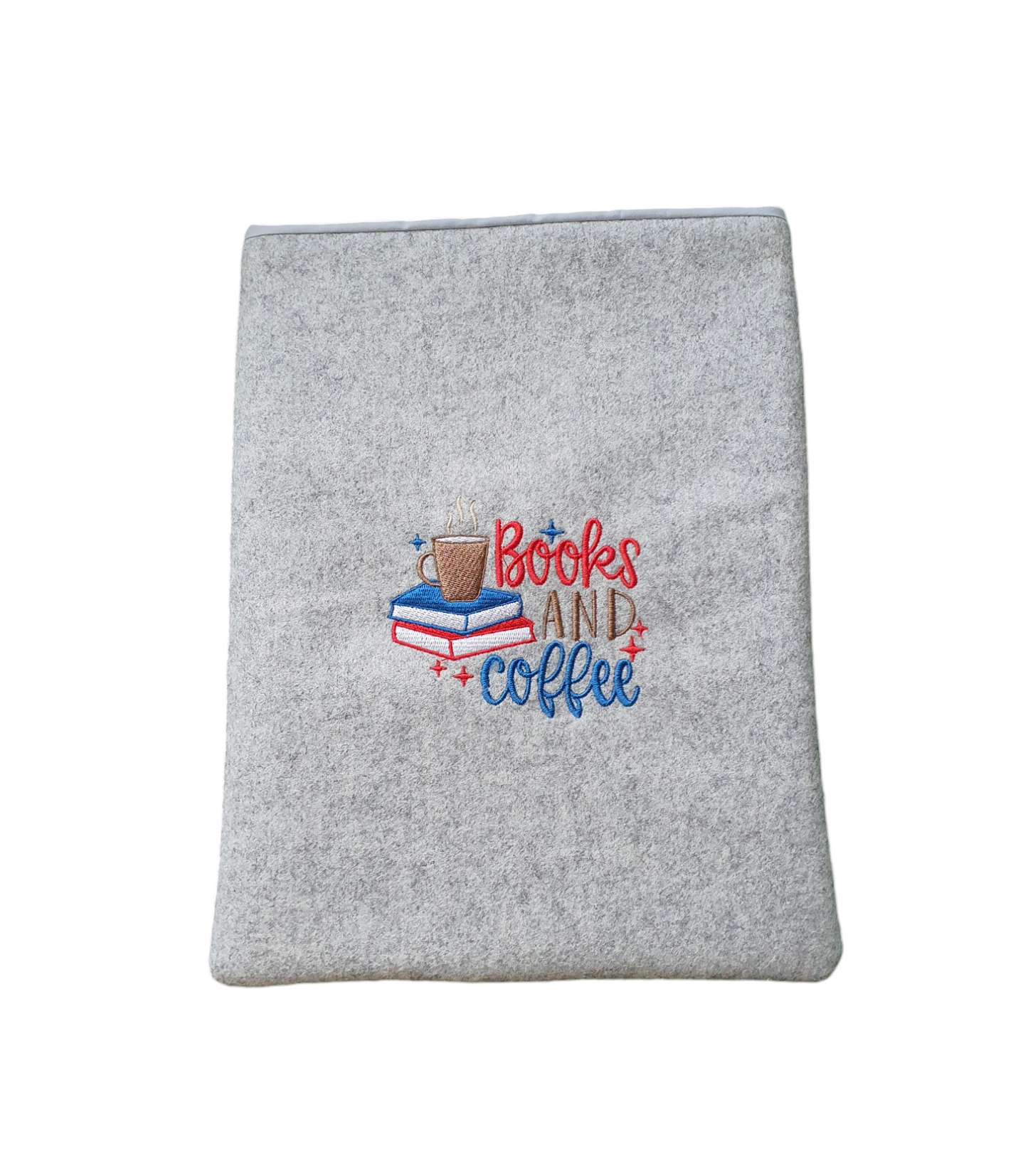 Handmade Embroidered Padded Book Pouch with the embroidered pattern of Books and Coffee on the front of the Book Cover, being an ideal Book Lovers Gift.