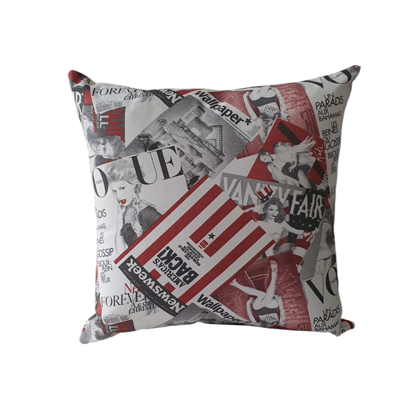 Handmade zipped cushion cover using Vogue Pop Art Canvas print fabric.