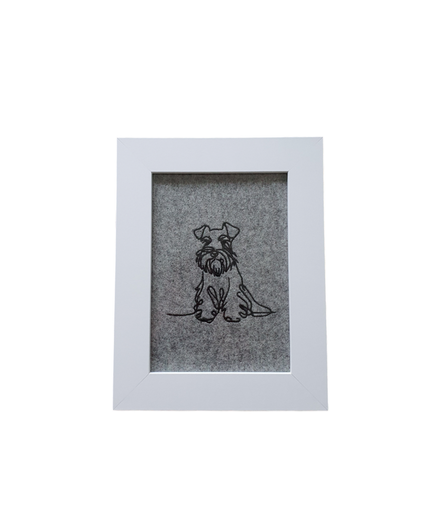 Miniature embroidered Schnauzer in black silhouette outline style and framed. Would be a great idea for a Dog Lovers Gift.