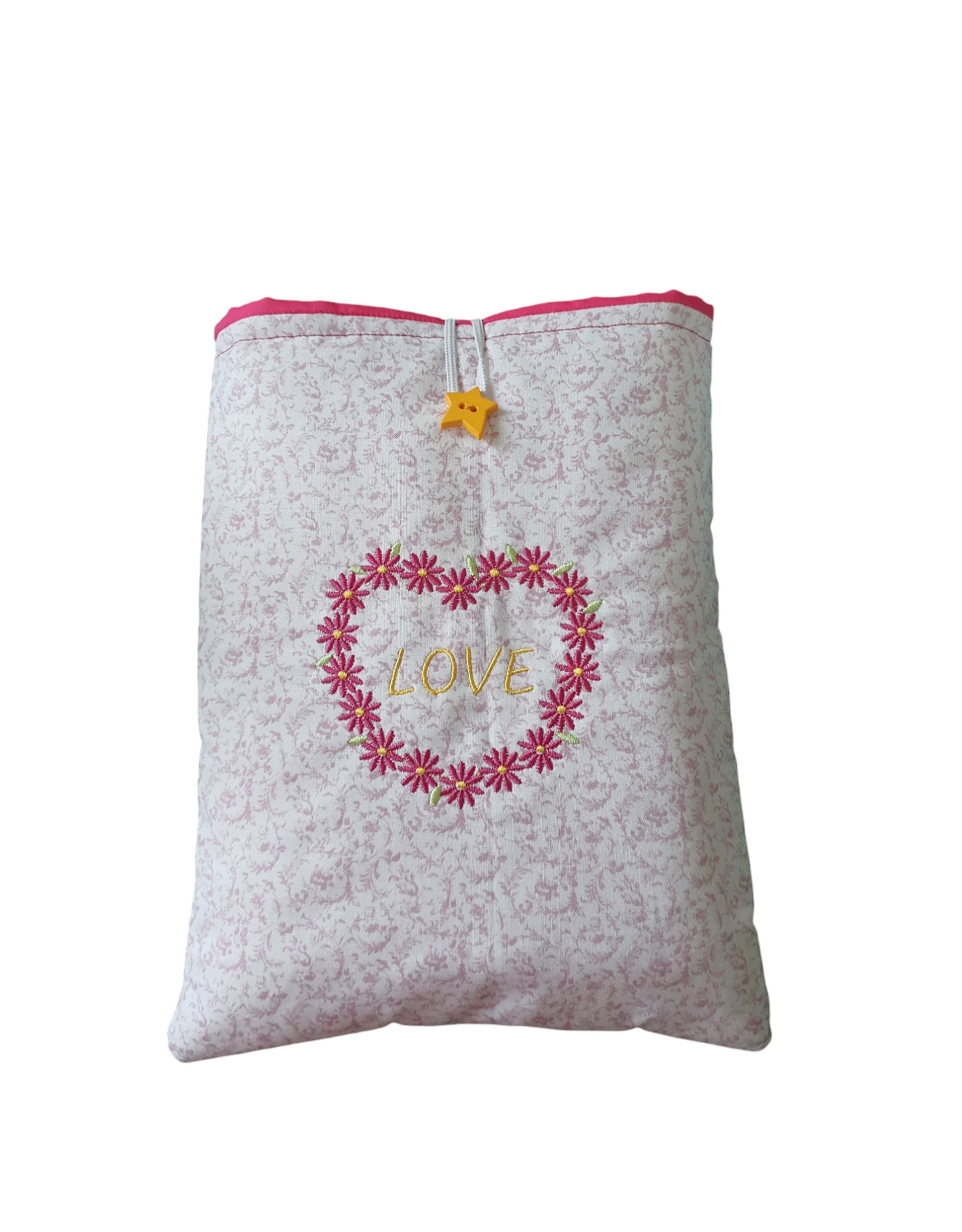 Handmade Padded Book Pouch with machine embroidered floral heart with the word Love in the centre of the heart. Would be a lovely gift idea as a Book Lovers Gift.