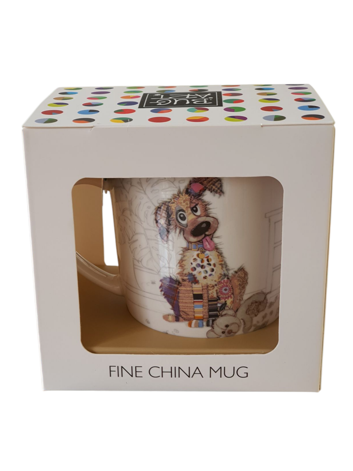Bug Art Murphy Mutt ceramic mug displayed in it signature Bug Art packaging.