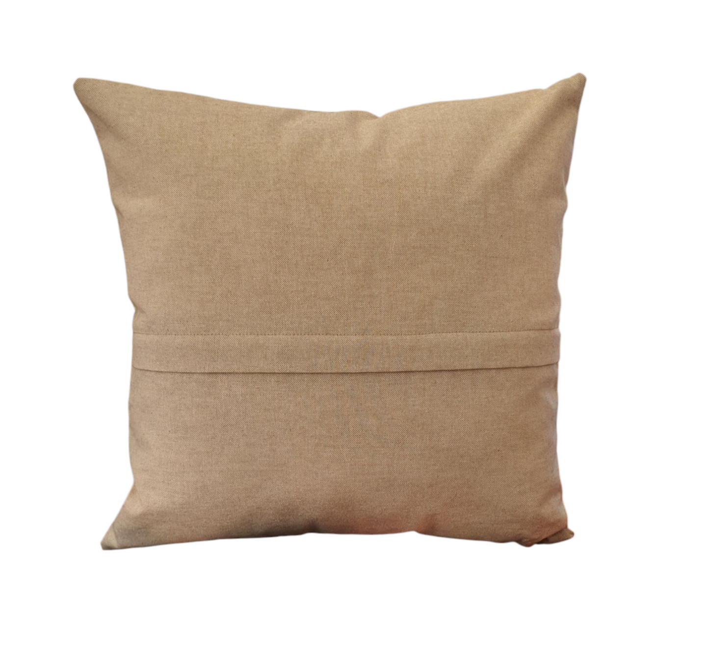 The reverse of the handmade cushion cover in complementing neutral fabric, which fastens with a zip. As indicated in the photo the zip is enclosed under the small flap.