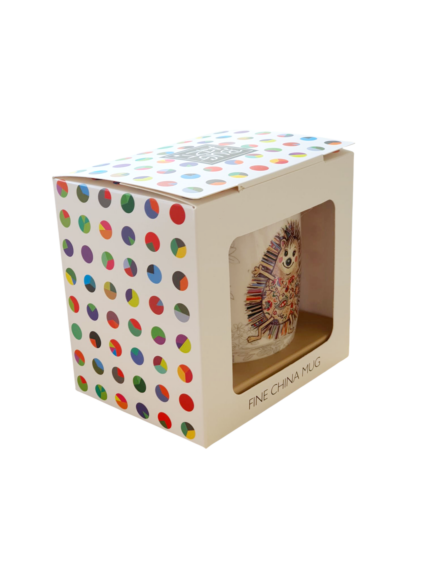 Bug Art Hattie Hedgehog Ceramic Mug in a side view of the colourful box in which the mug is supplied.