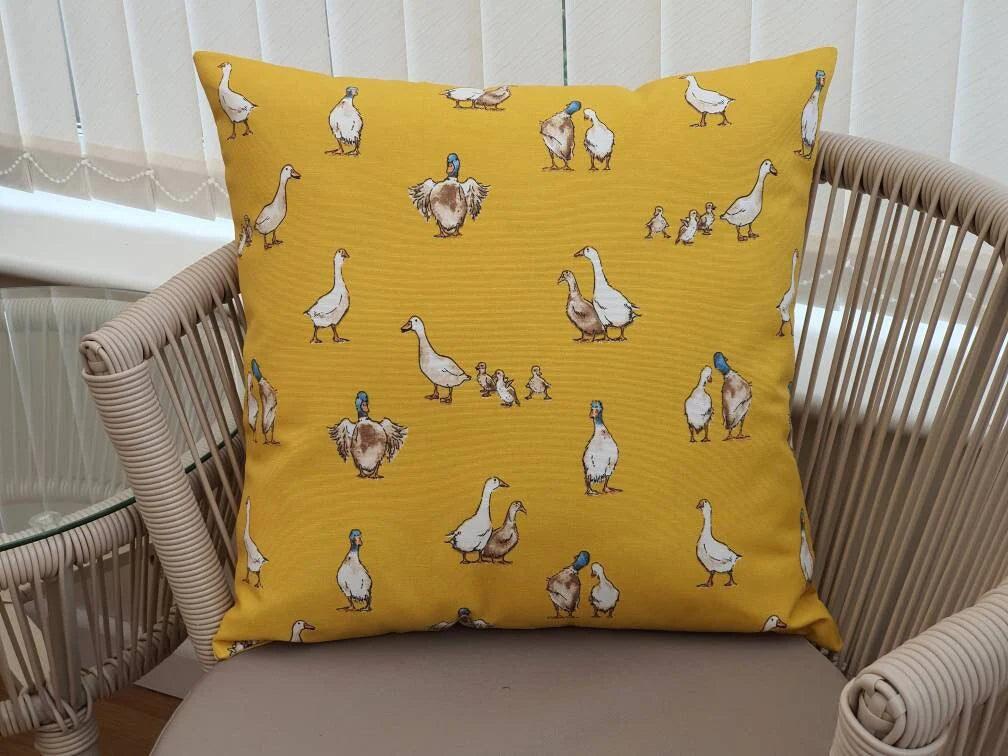 Duck Fabric, Quackers - Handmade Yellow Zipped Cushion Cover (17x17)