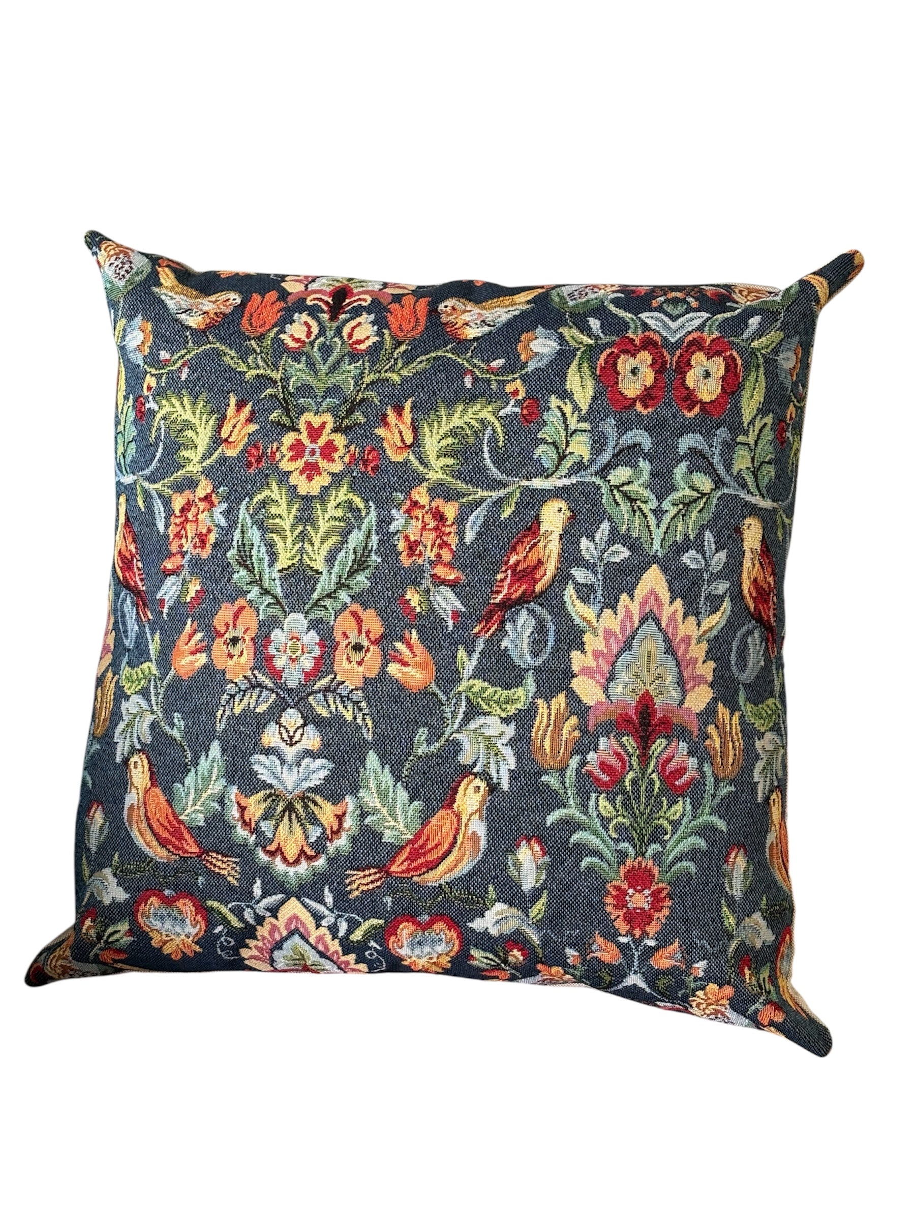 Handmade zipped cushion cover made with William Morris Floral Birds fabric.  The pattern is on a dark blue background, is complemented neutral fabric on the reverse and fastens with an enclosed zip.