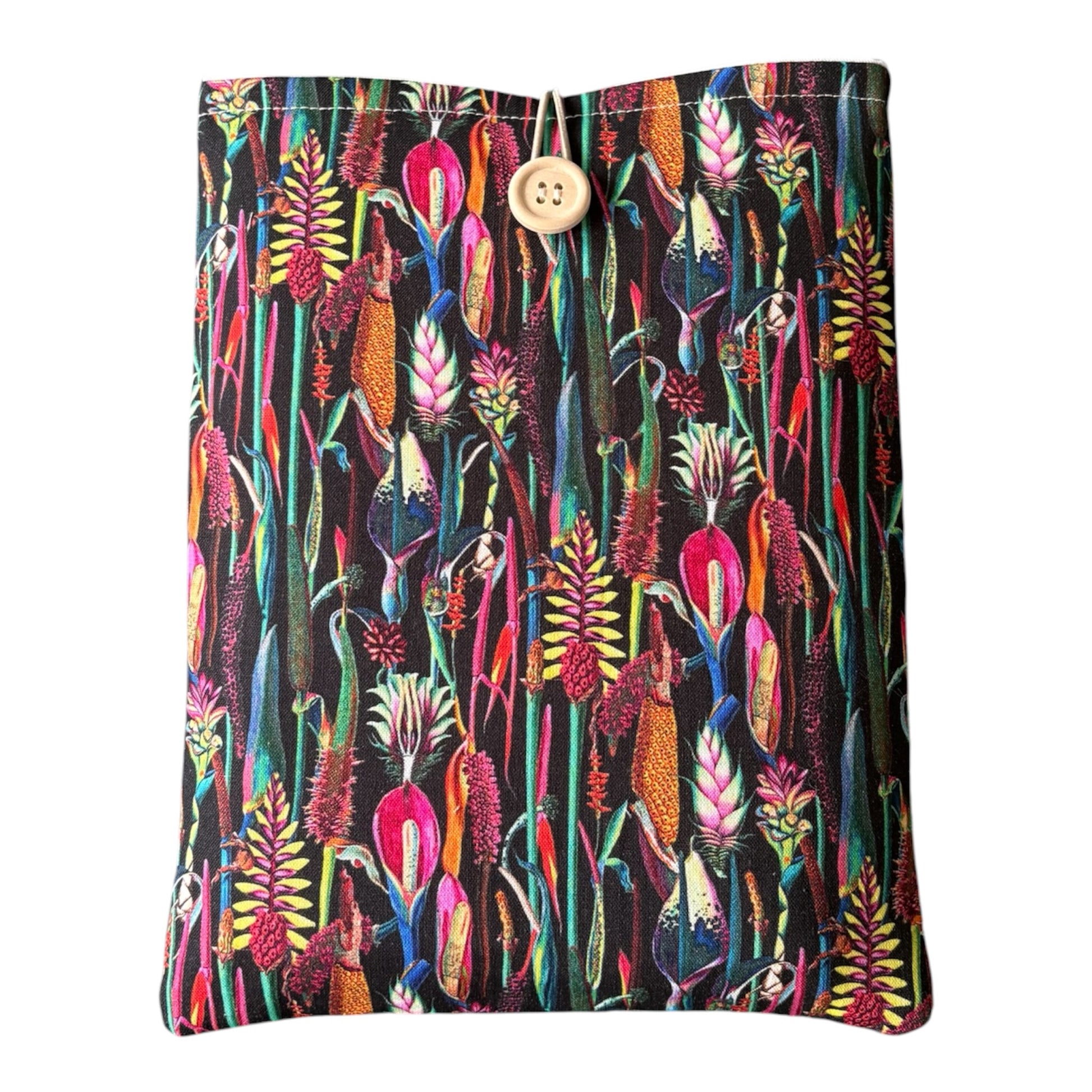 Handmade padded Book Pouch made with black tropical botanical patterned fabric.  The padded Book Cover would be an ideal Book Lovers Gift to protect precious books from wear and tear whilst being carried on the go.