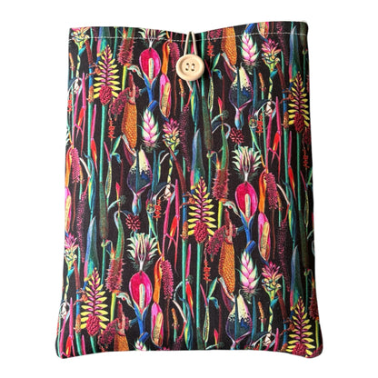 Handmade padded Book Pouch made with black tropical botanical patterned fabric.  The padded Book Cover would be an ideal Book Lovers Gift to protect precious books from wear and tear whilst being carried on the go.