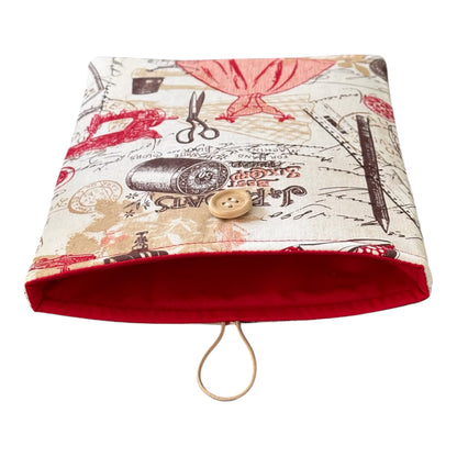 Another photo showing the red fabric used to line the Book Cover, which complements the colours in the main fabric of the Book Pouch.