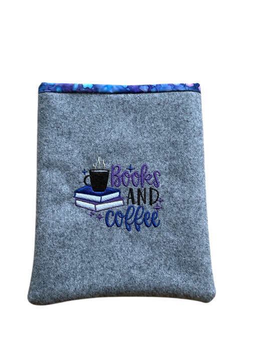 Handmade padded embroidered Book Pouch made with grey boiled wool.