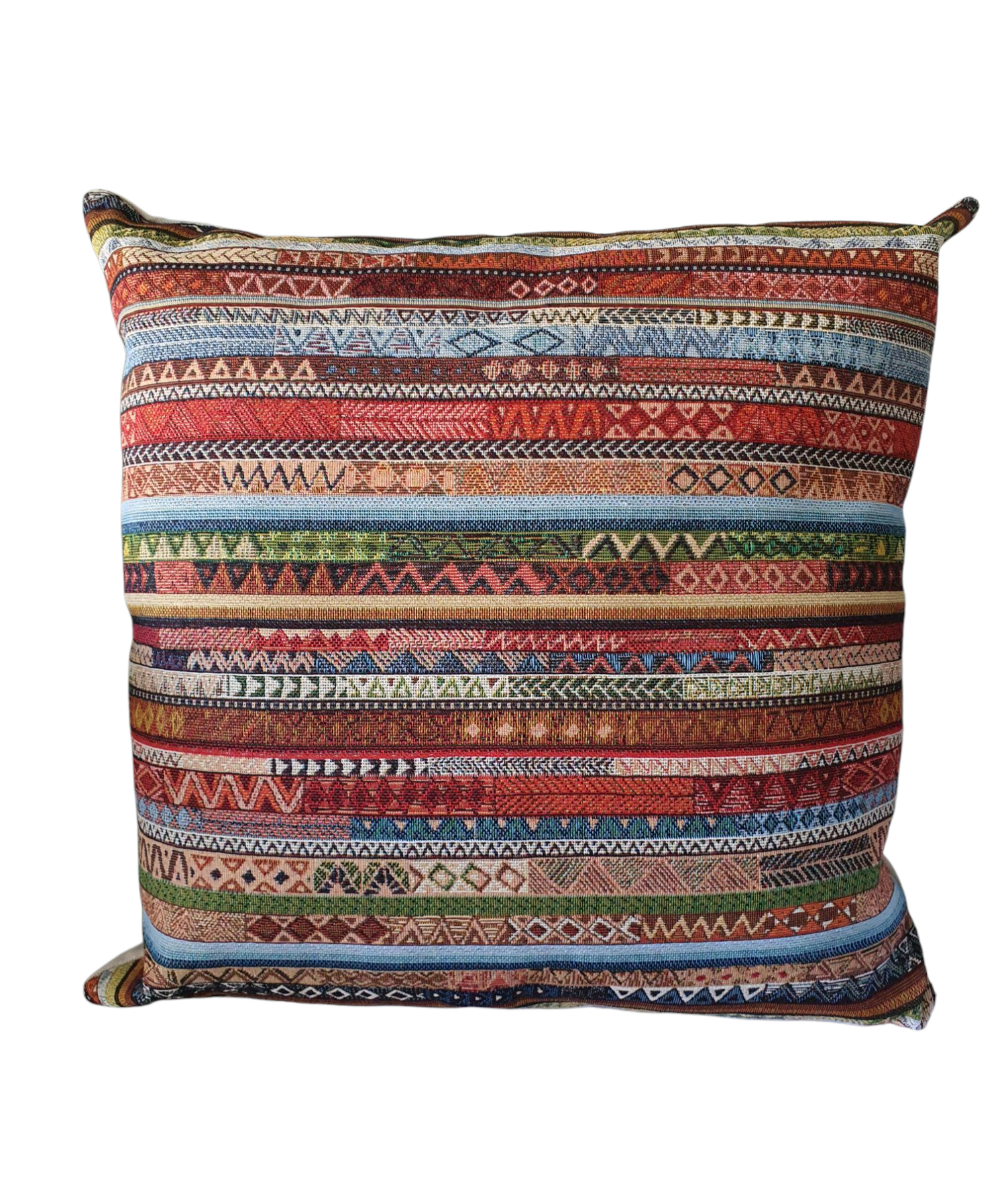 Handmade zipped 17 inch square cushion cover, suitable for an 18 inch cushion insert, made with quality tapestry fabric on the front of the cushion cover and complemented with neutral fabric on the reverse.  The front is made with multicolour striped Aztec style patterned fabric.