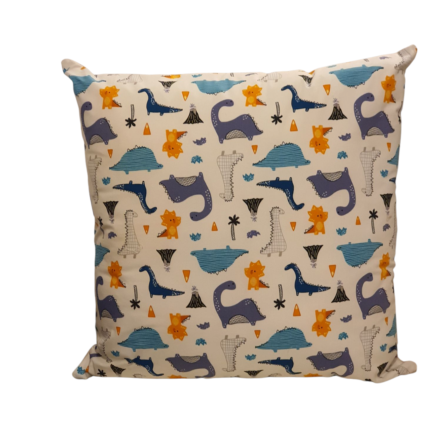 This photograph also shows the colourful dinosaur front of the cushion cover.