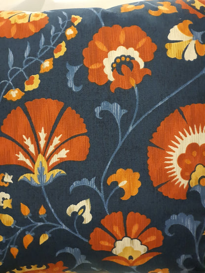 A close up of the Indigo Chamonix fabric showing the Jacobean style pattern on the lovely blue/indigo background.