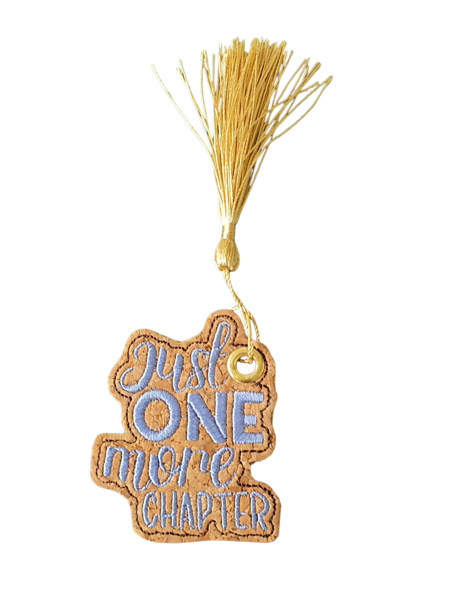 Embroidered Bookmark in light blue on cork fabric, finished with an eyelet and gold coloured tassel.