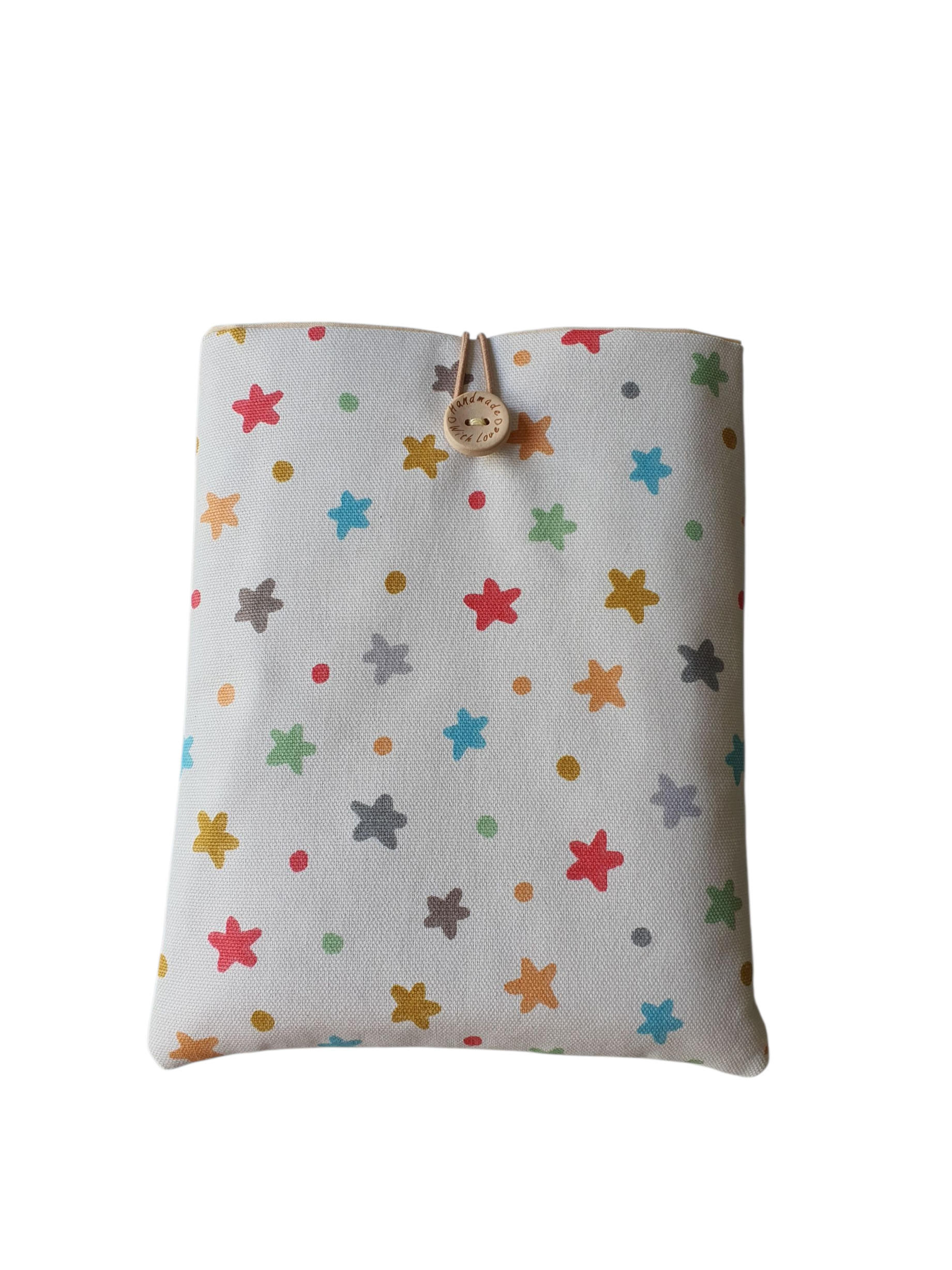 Handmade padded Book Pouch made with multicolour stars patterned fabric.  The padded Book Sleeve is approximately 20cms by 17cms and would be an ideal Book Lovers Gift.