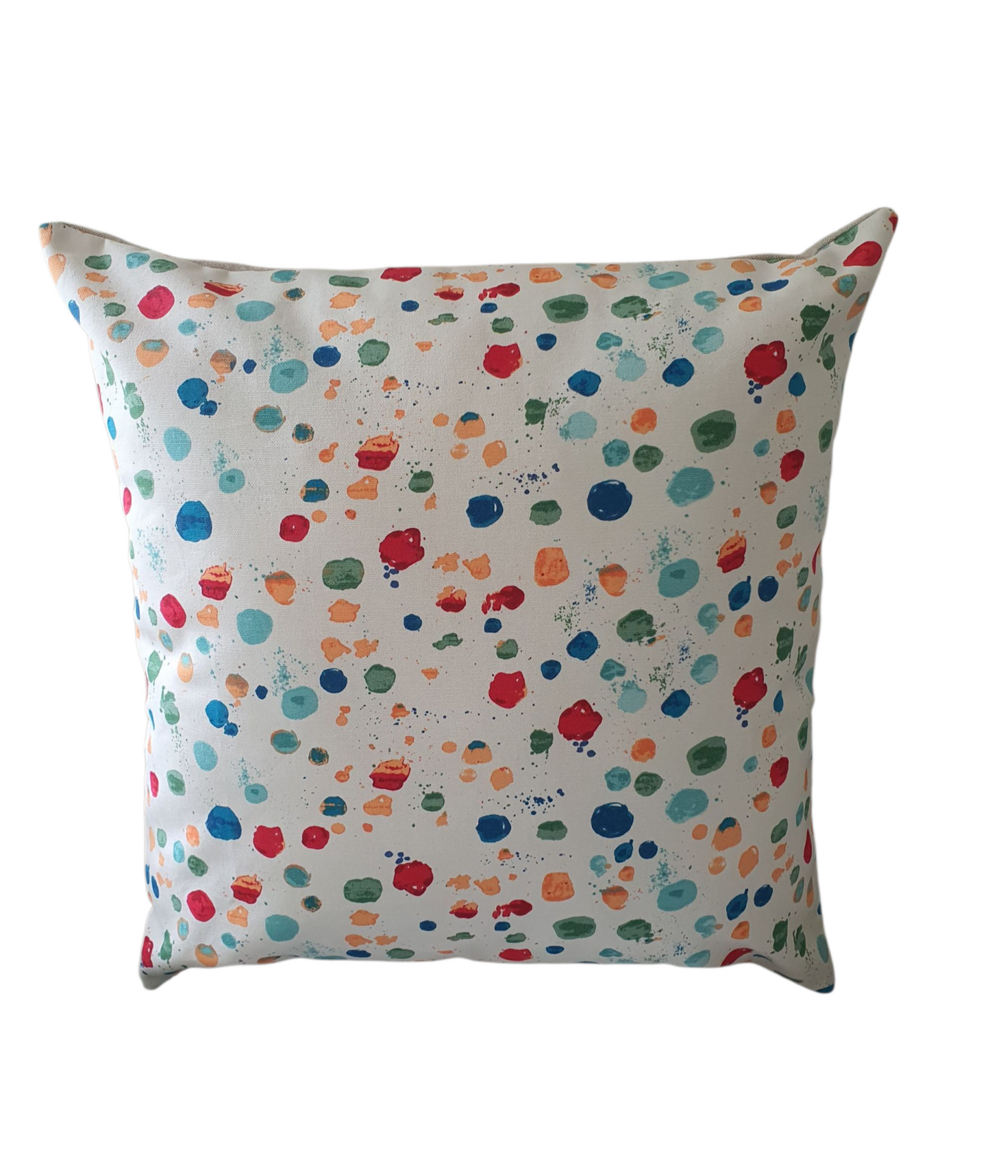Handmade cushion cover made with multicolour Splat Paintbox patterned fabric with neutral fabric on the reverse.  The cushion cover fastens with an enclosed zip.