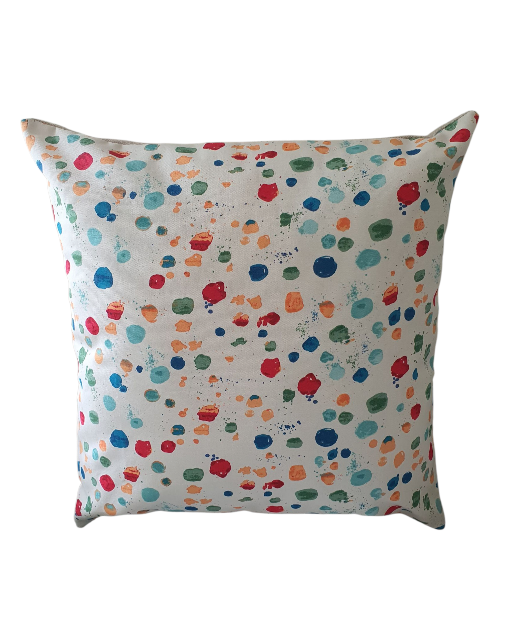 Handmade cushion cover made with multicolour Splat Paintbox patterned fabric with neutral fabric on the reverse.  The cushion cover fastens with an enclosed zip.