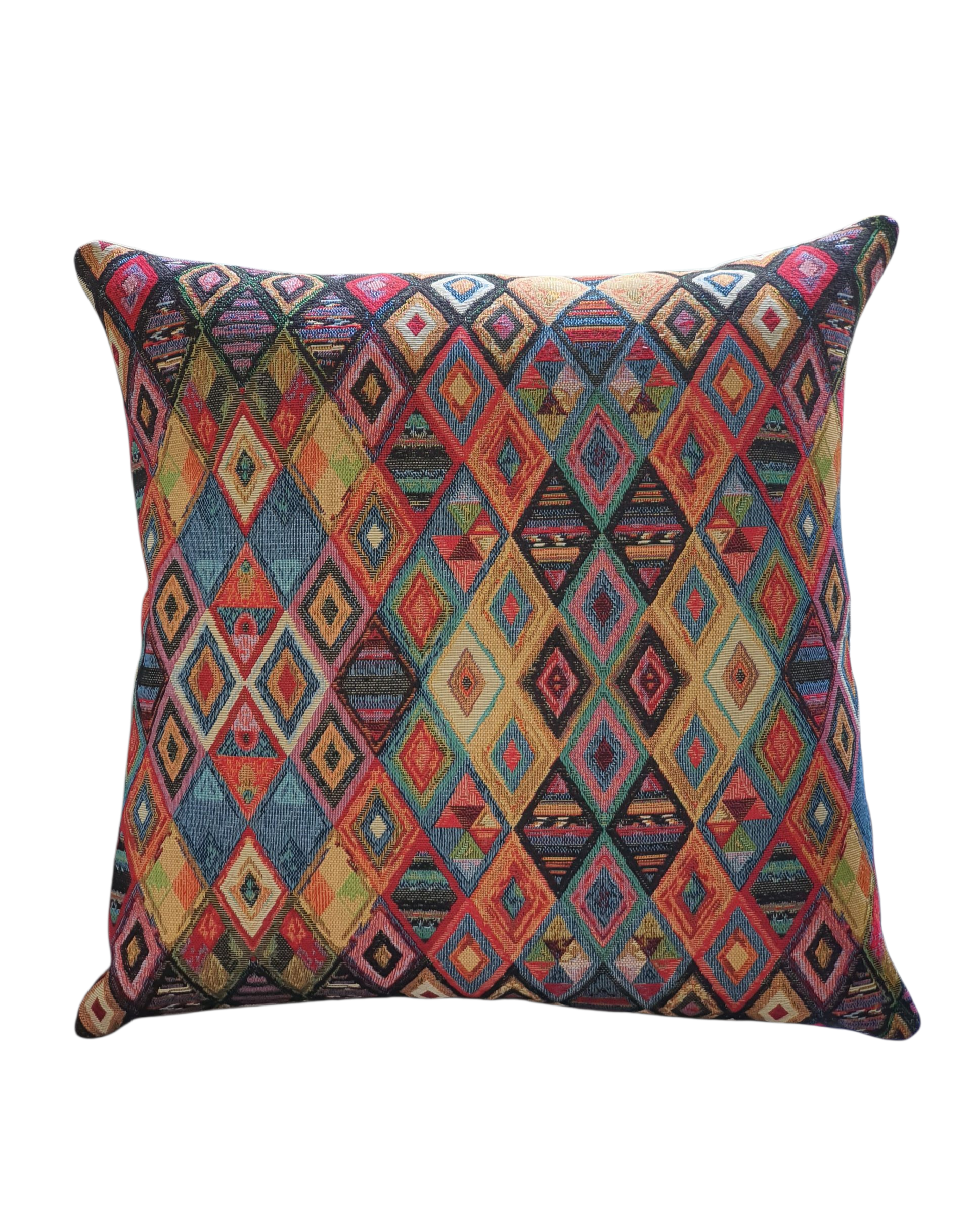 The colourful cushion cover is approximately 17.5 inches by 17.5 inches (44cms) and is complemented with neutral fabric on the reverse and fastens with an enclosed zip.