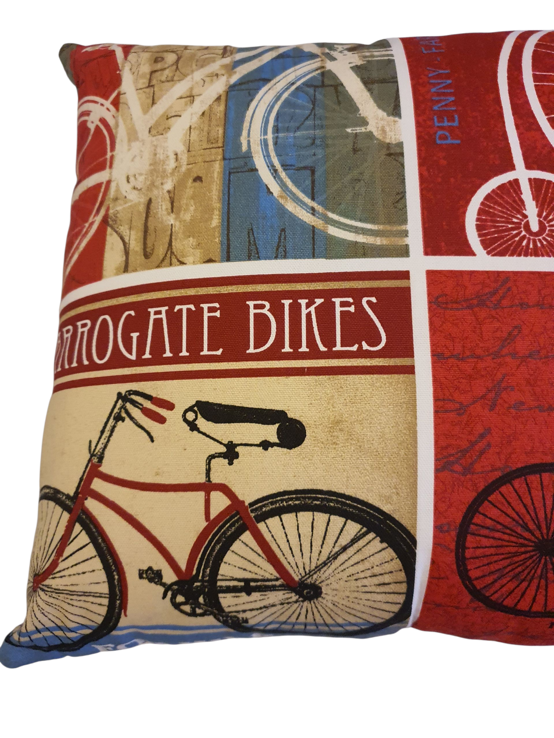 A close up of the cyclist pattern at the other side of the front of the cushion