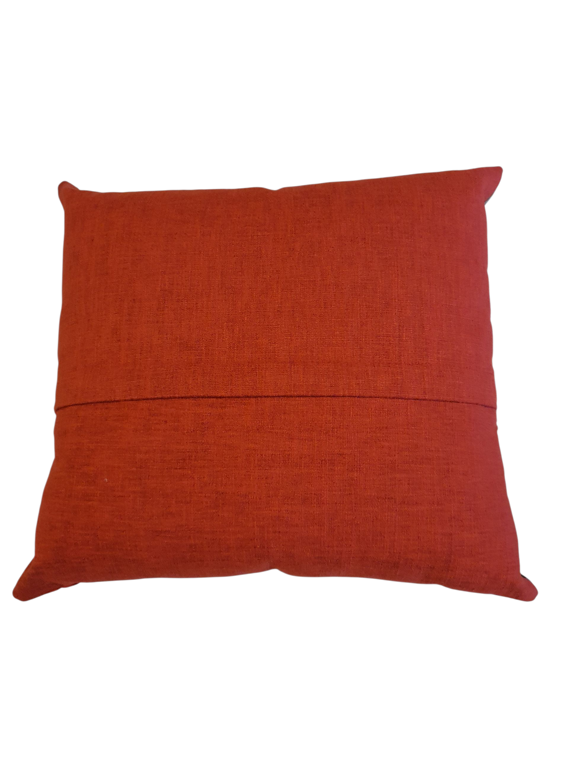 The cushion is completed with red fabric on the reverse of the cushion and fastens with an enclosed zip, as indicated in the photo, being around half way down.