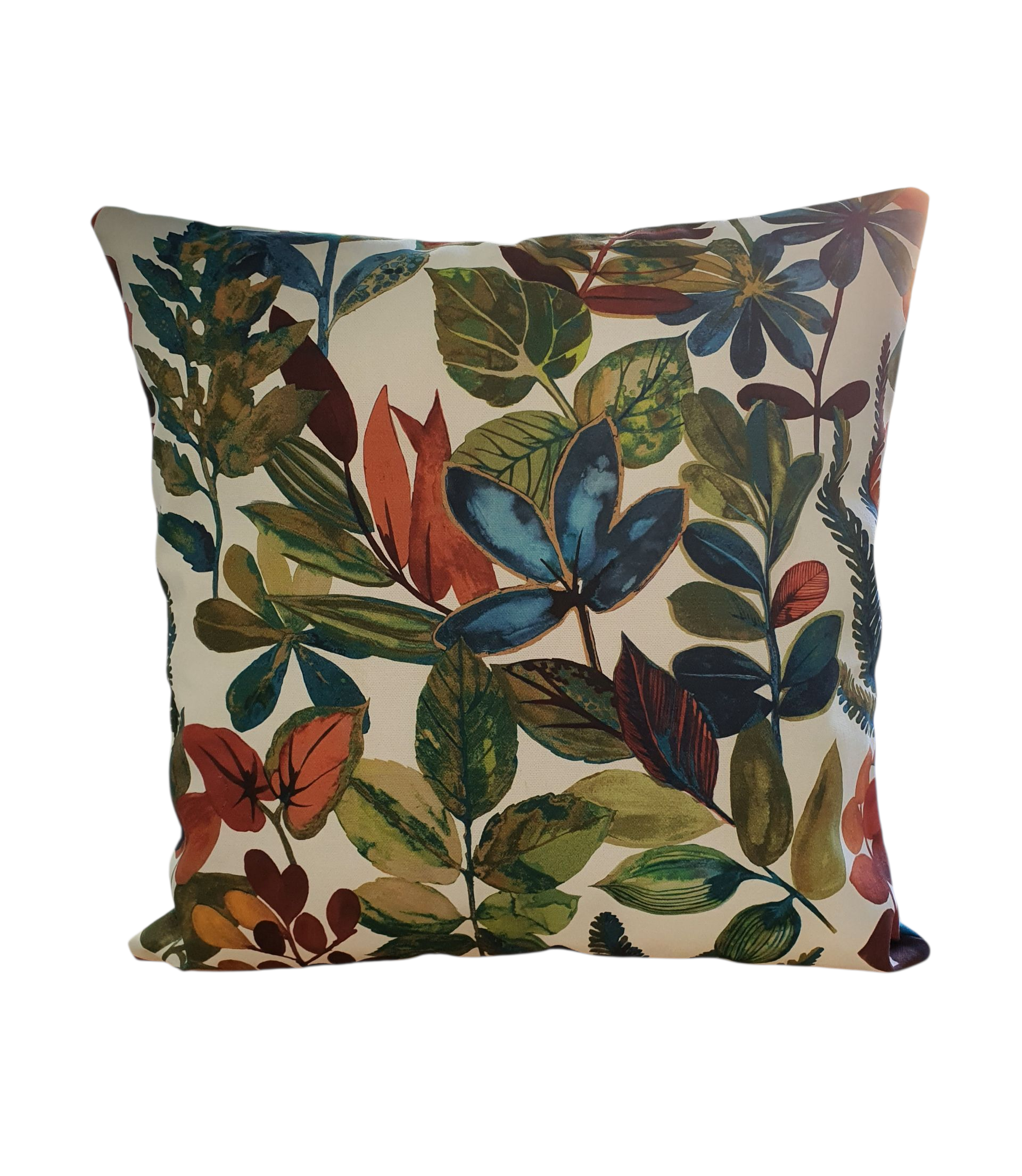 Handmade zipped cushion cover made with colourful leaf pattern fabric. The cushion cover is approximately 17.5 inches by 17.5 inches ) 44cms x 44cms.