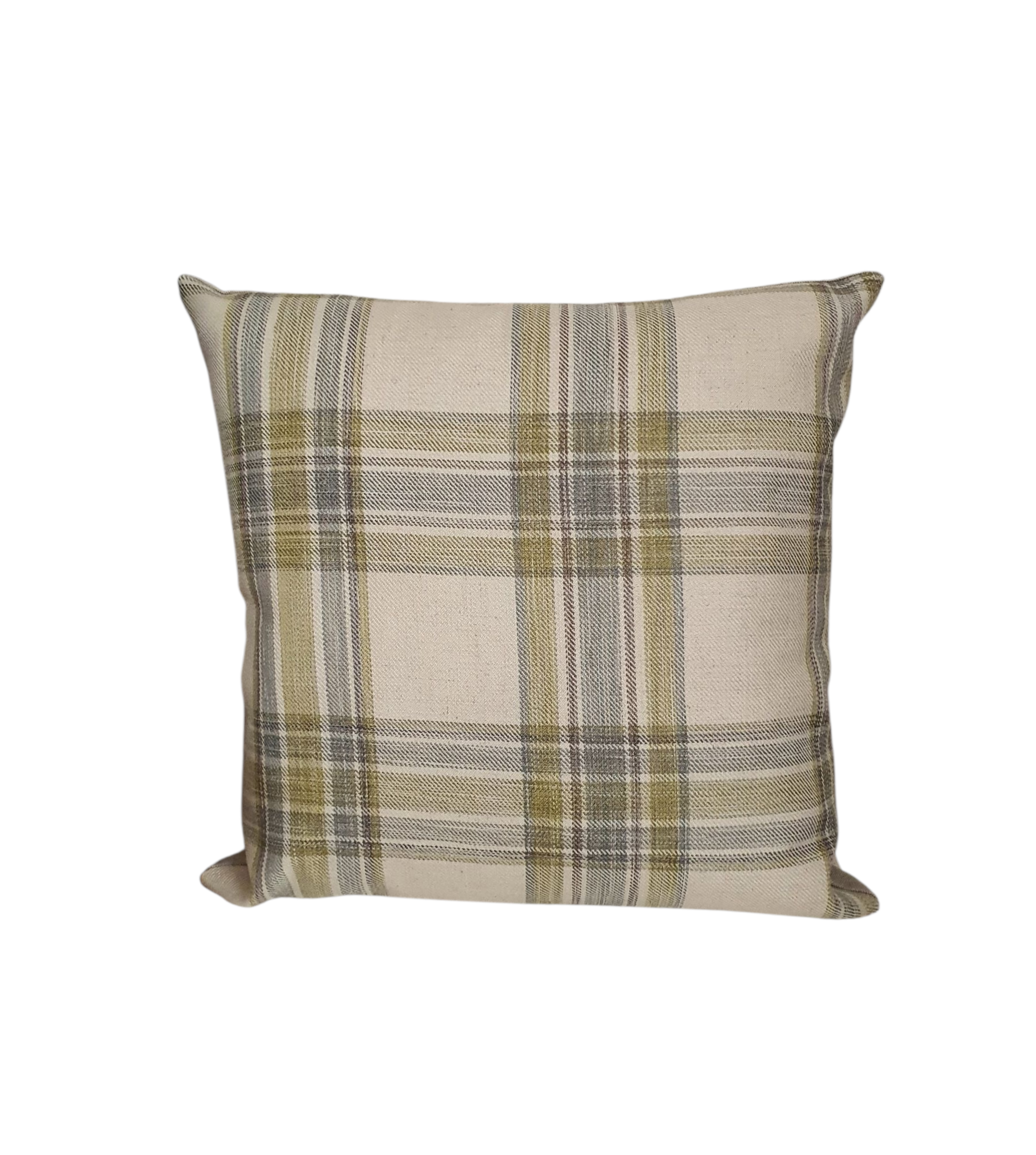 Handmade zipped cushion cover with green tartan patterned front and complemented with neutral fabric on the reverse.  The cushion cover fastens with an enclosed zip in the reverse of the cushion cover.