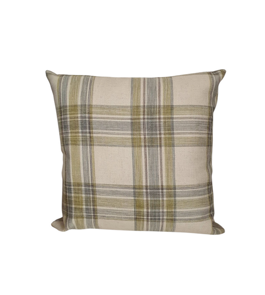 Handmade zipped cushion cover with green tartan patterned front and complemented with neutral fabric on the reverse.  The cushion cover fastens with an enclosed zip in the reverse of the cushion cover.
