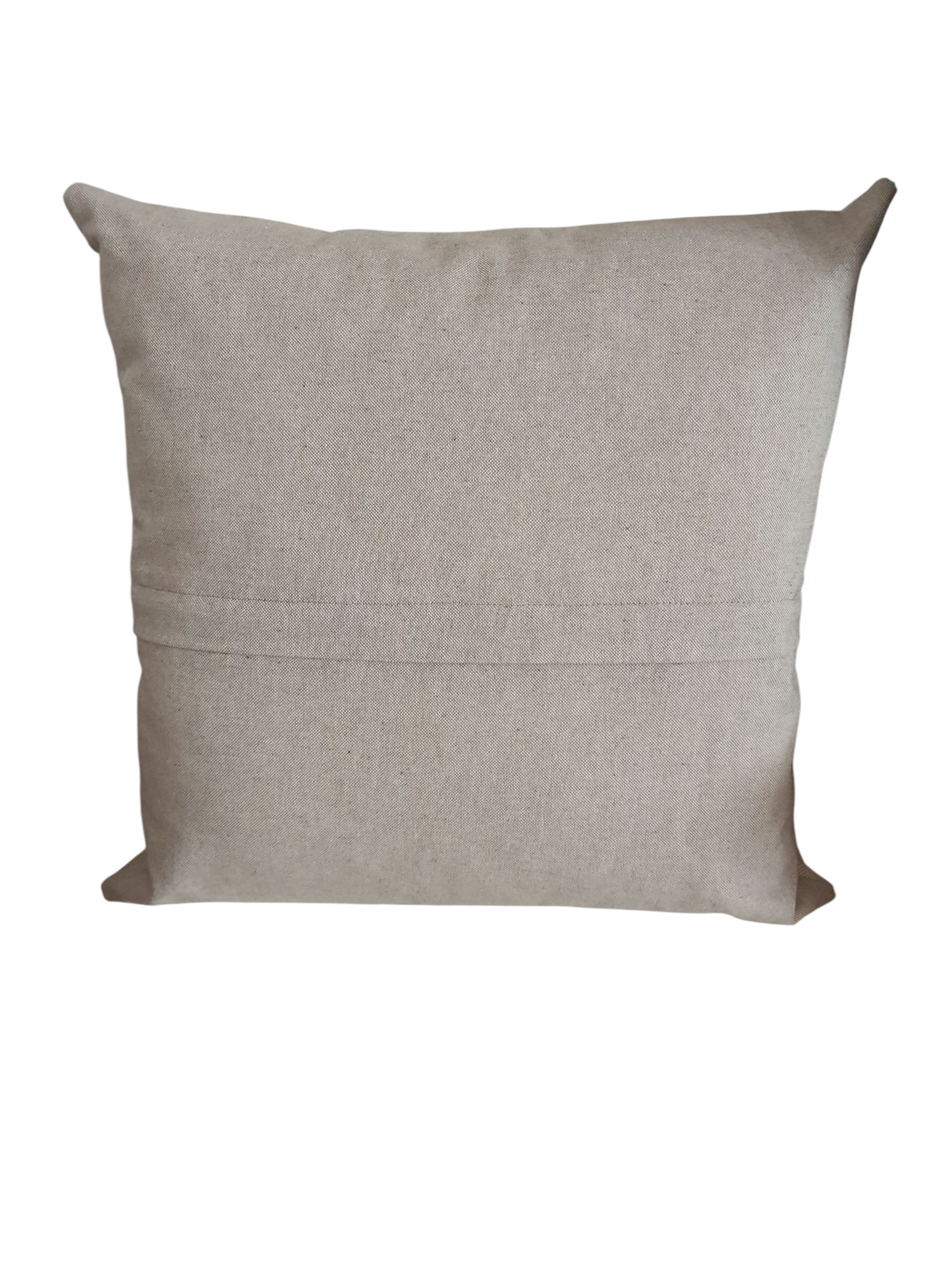 The reverse of the cushion cover showing the neutral fabric and the enclosed zip is under the flap in the photo.