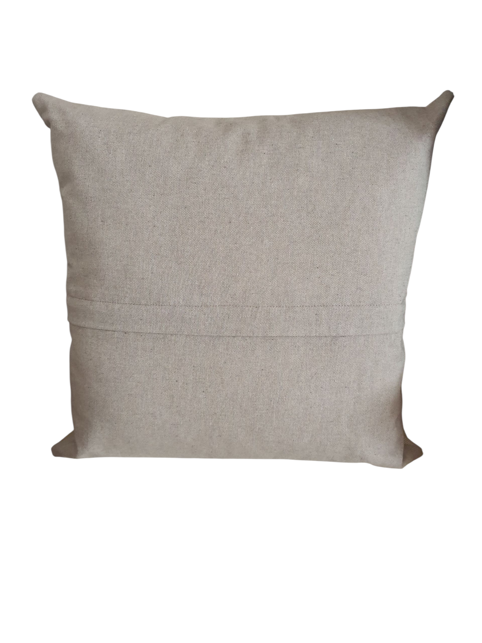 The reverse of the cushion cover showing the neutral fabric and the enclosed zip is under the flap in the photo.